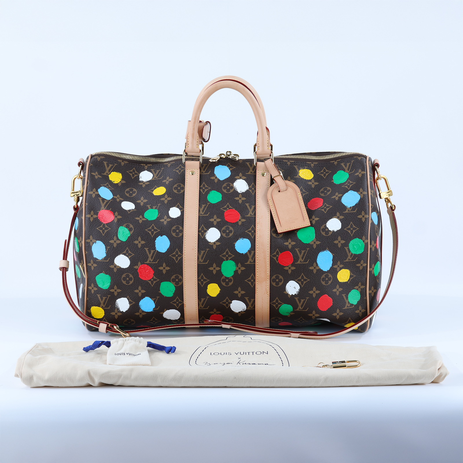 路易威登 LOUIS VUITTON LV x YK Keepall 45 草間彌生 波點 老花 手提 斜背 旅行袋 M46377 晶片款  防塵袋/背帶/ 鎖組