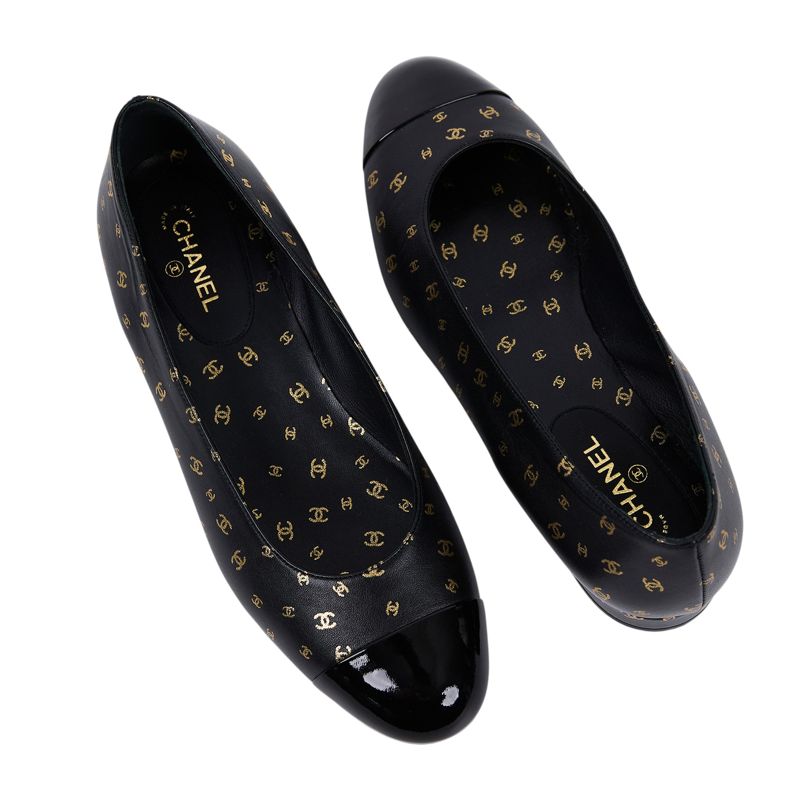 香奈兒 CHANEL 雙C LOGO 小牛皮鞋 G45127_375 黑金小雙C娃娃鞋 #37.5 原廠盒子/防塵袋