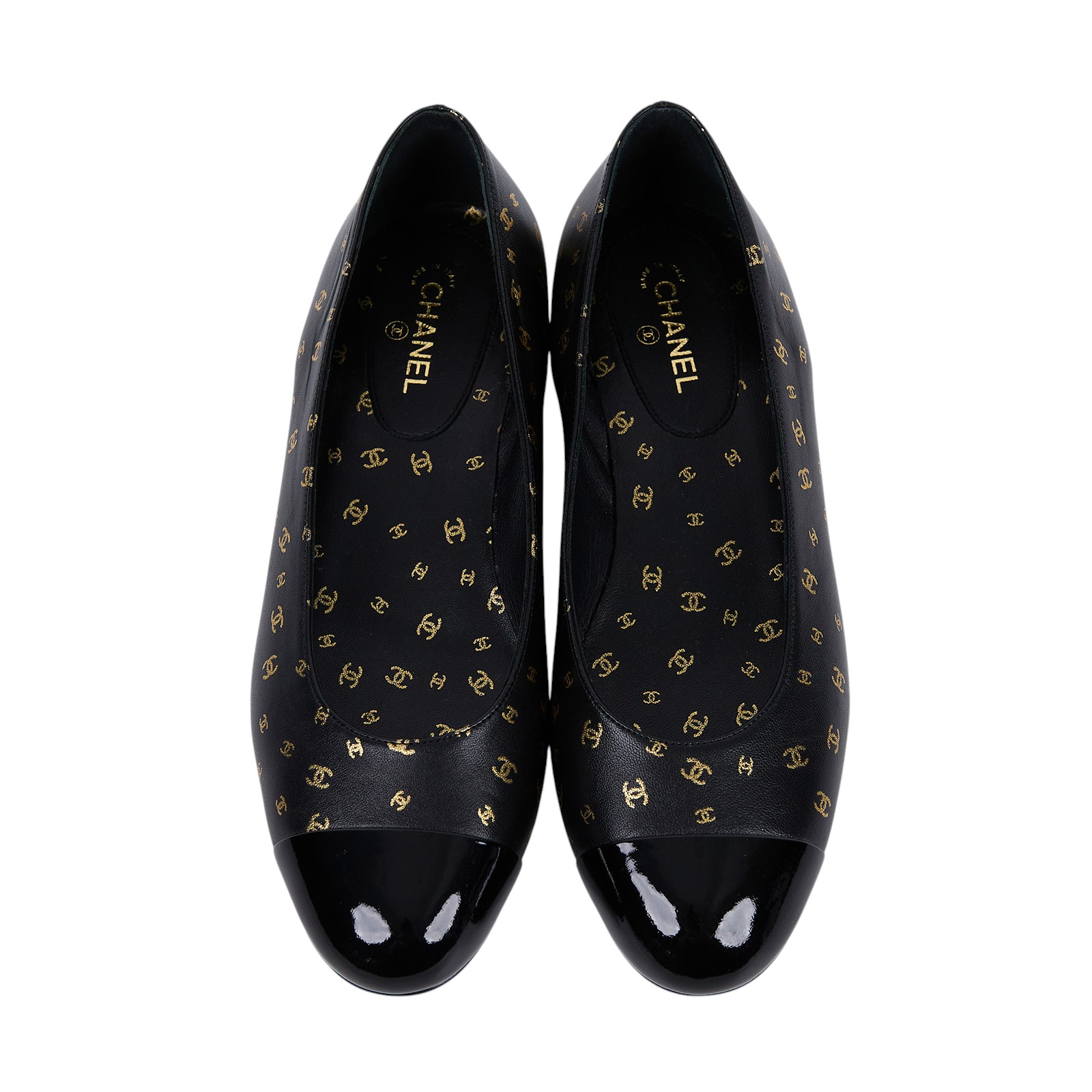 香奈兒 CHANEL 雙C LOGO 小牛皮鞋 G45127_375 黑金小雙C娃娃鞋 #37.5 原廠盒子/防塵袋