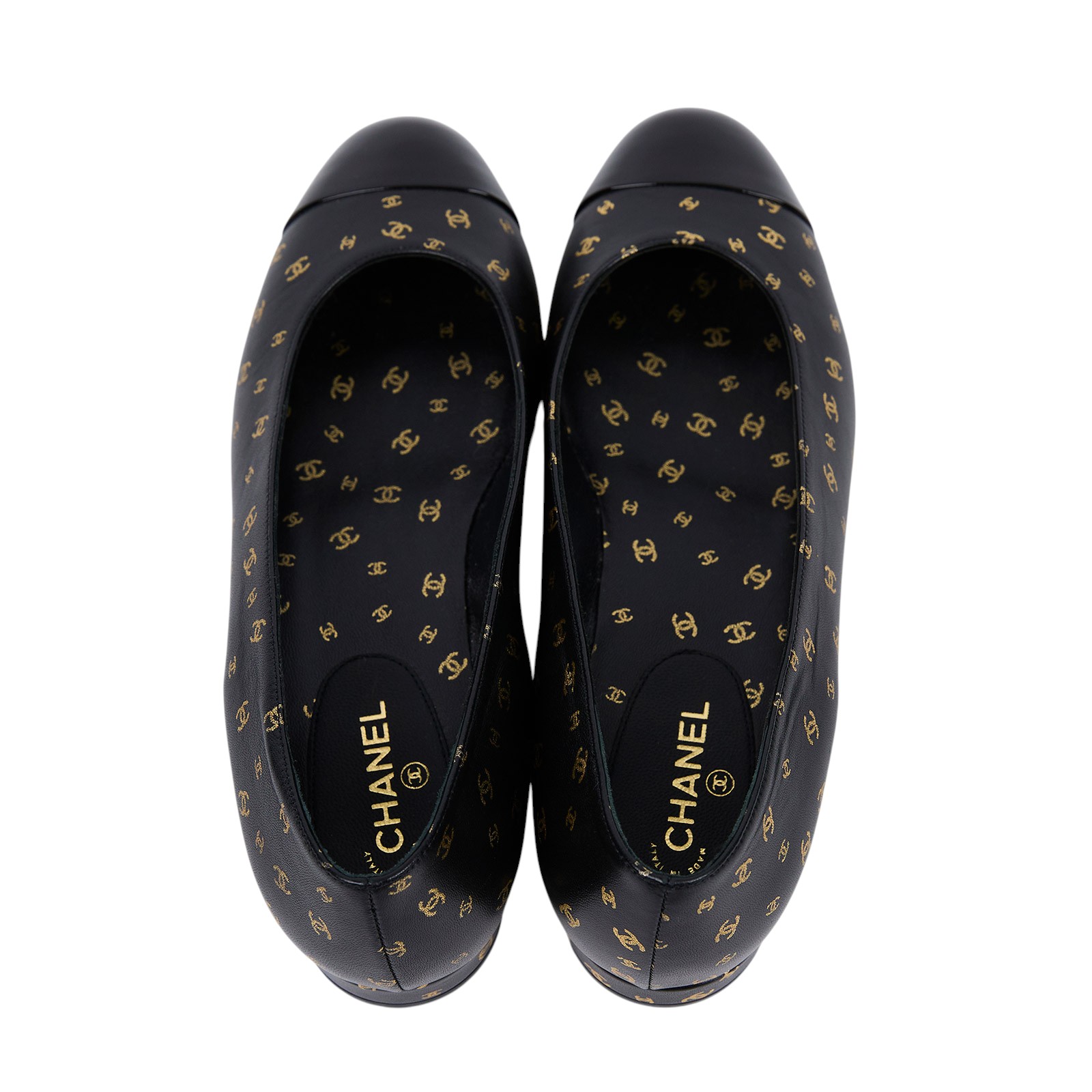 香奈兒 CHANEL 雙C LOGO 小牛皮鞋 G45127_375 黑金小雙C娃娃鞋 #37.5 原廠盒子/防塵袋