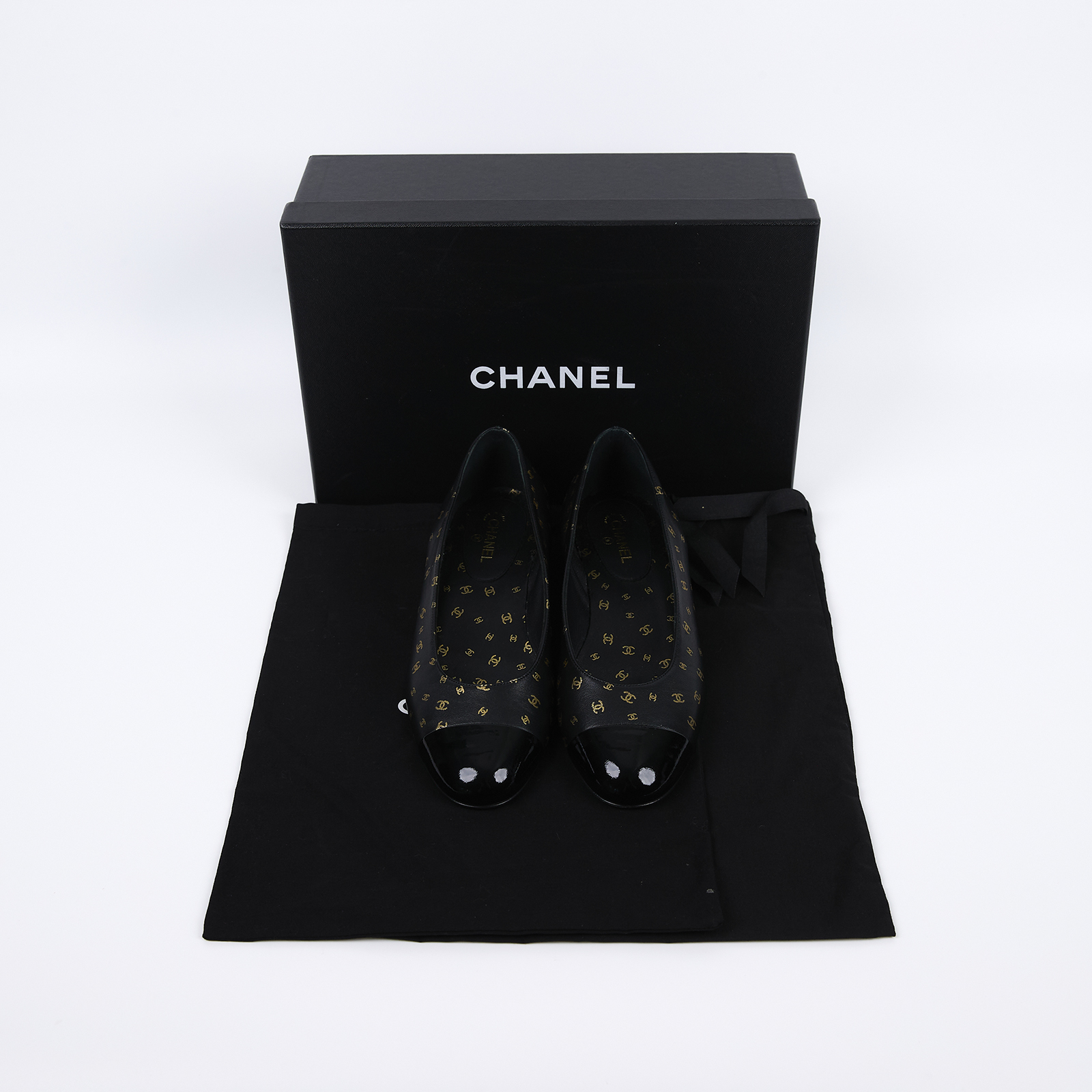 香奈兒 CHANEL 雙C LOGO 小牛皮鞋 G45127_375 黑金小雙C娃娃鞋 #37.5 原廠盒子/防塵袋