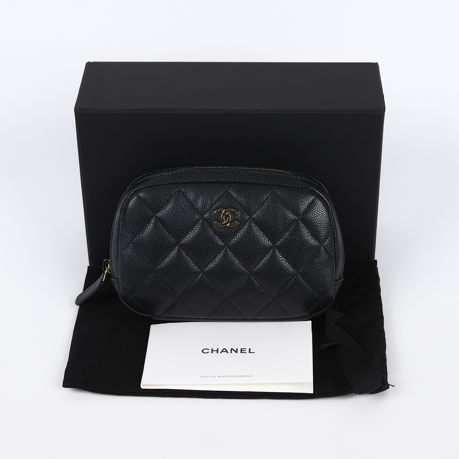 香奈兒 CHANEL 荔枝皮 拉鍊 化妝包 A80909 晶片款 黑金荔枝化妝包 原廠盒子/防塵袋