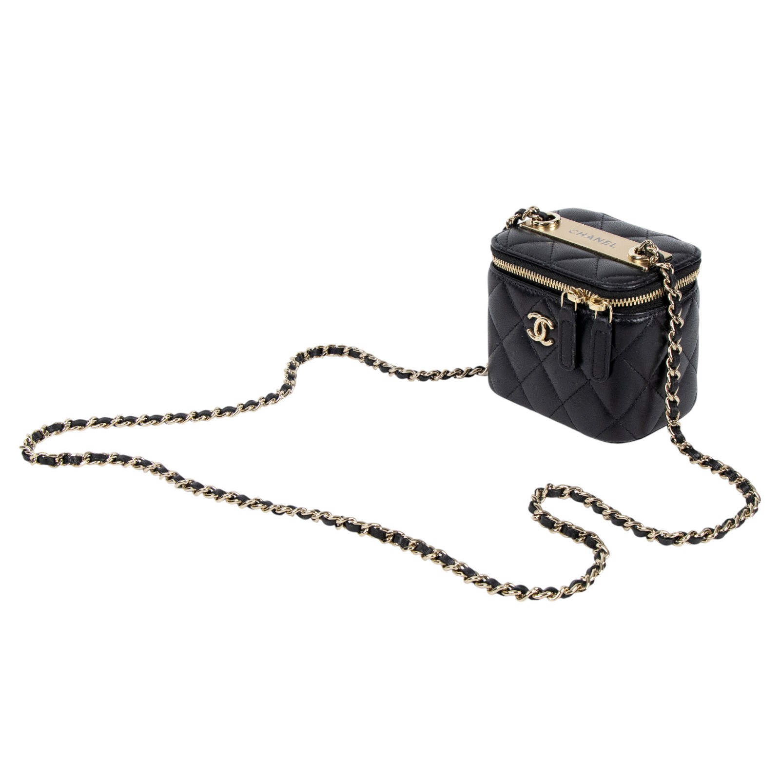 香奈兒 CHANEL mini Vanity 化妝箱 肩背包 皮穿鍊 雙C LOGO  AP1473 Y04059 黑金小VANITY鍊包 原廠盒子/保證卡