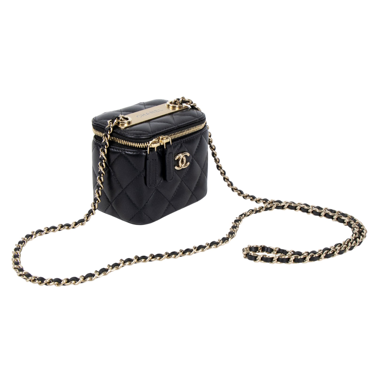 香奈兒 CHANEL mini Vanity 化妝箱 肩背包 皮穿鍊 雙C LOGO  AP1473 Y04059 黑金小VANITY鍊包 原廠盒子/保證卡