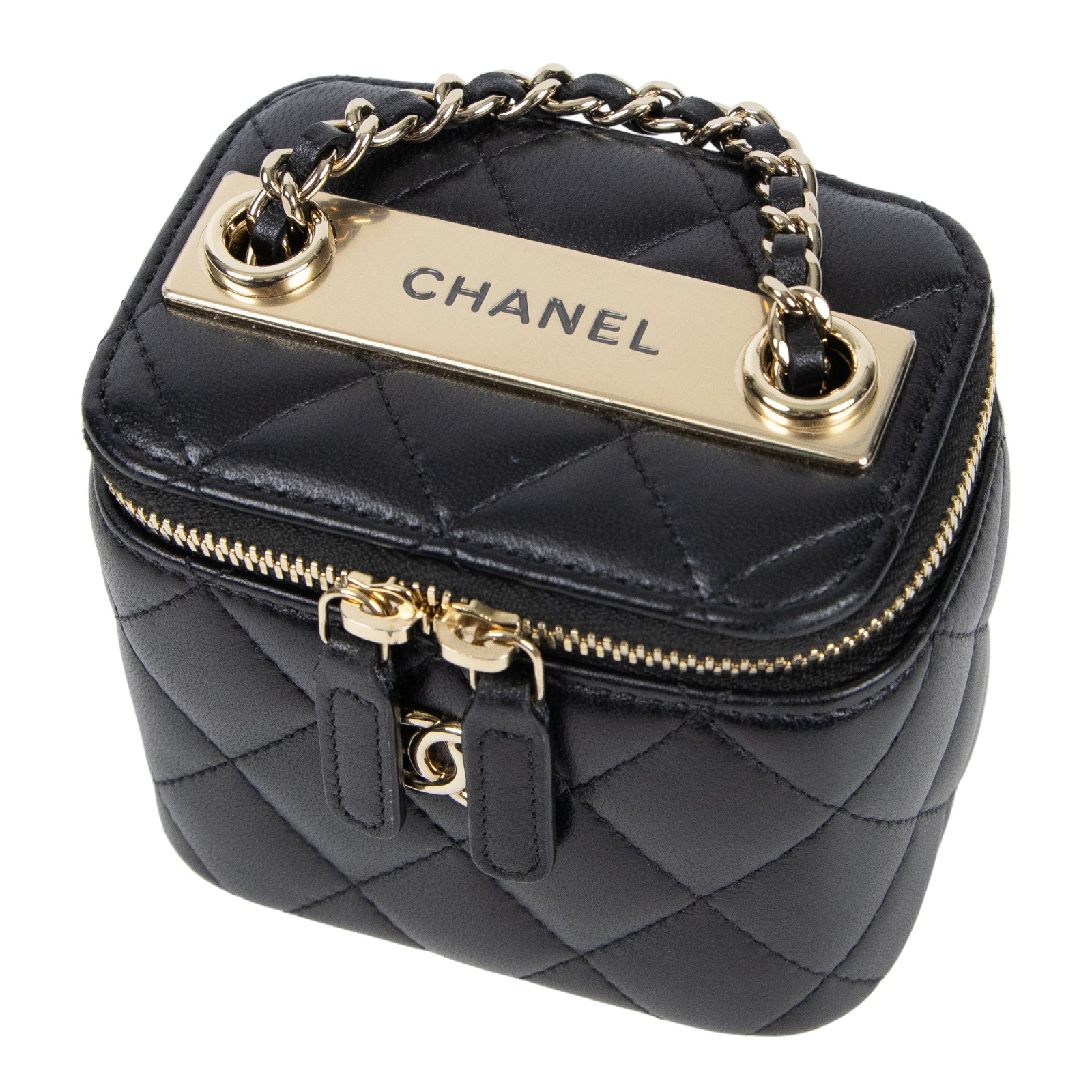香奈兒 CHANEL mini Vanity 化妝箱 肩背包 皮穿鍊 雙C LOGO  AP1473 Y04059 黑金小VANITY鍊包 原廠盒子/保證卡