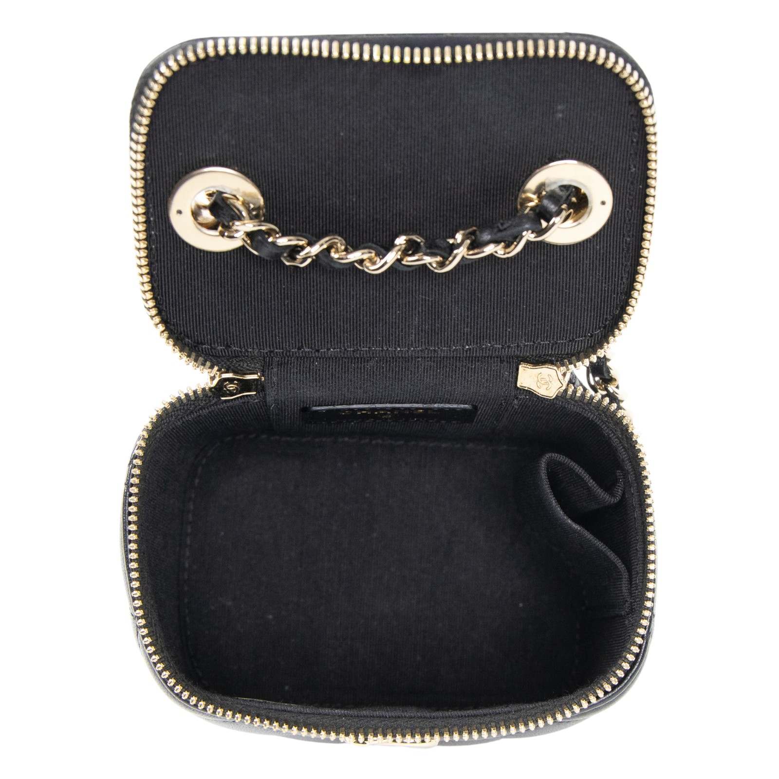 香奈兒 CHANEL mini Vanity 化妝箱 肩背包 皮穿鍊 雙C LOGO  AP1473 Y04059 黑金小VANITY鍊包 原廠盒子/保證卡