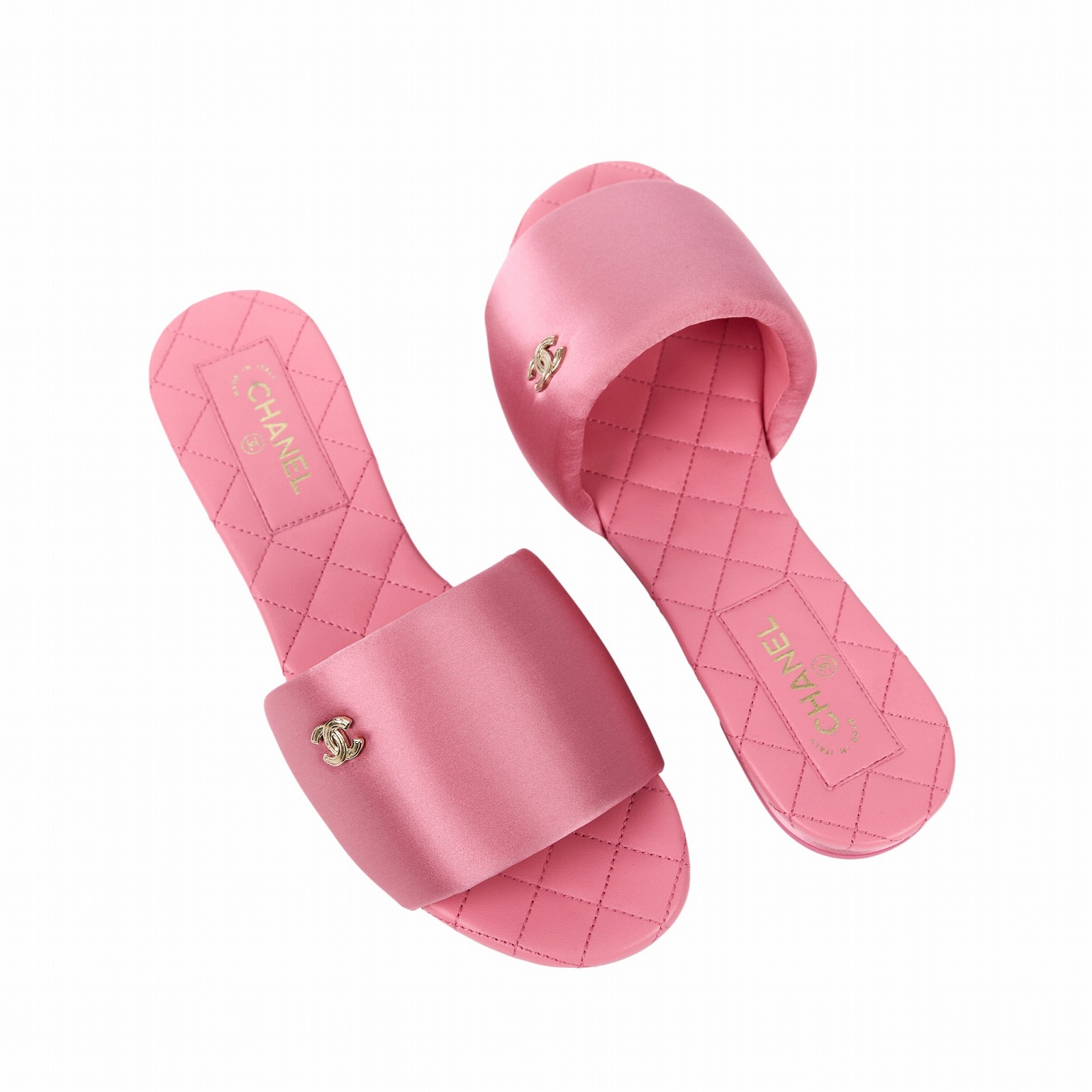 香奈兒 CHANEL 緞面 菱格紋 涼鞋 G38858_37 粉菱格拖鞋 原廠盒子/防塵袋