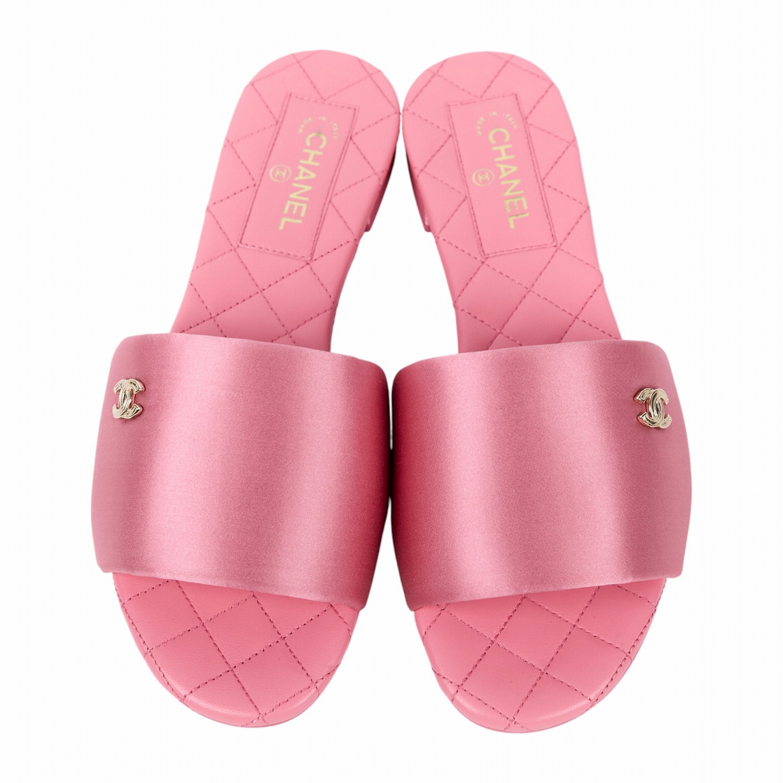 香奈兒 CHANEL 緞面 菱格紋 涼鞋 G38858_37 粉菱格拖鞋 原廠盒子/防塵袋