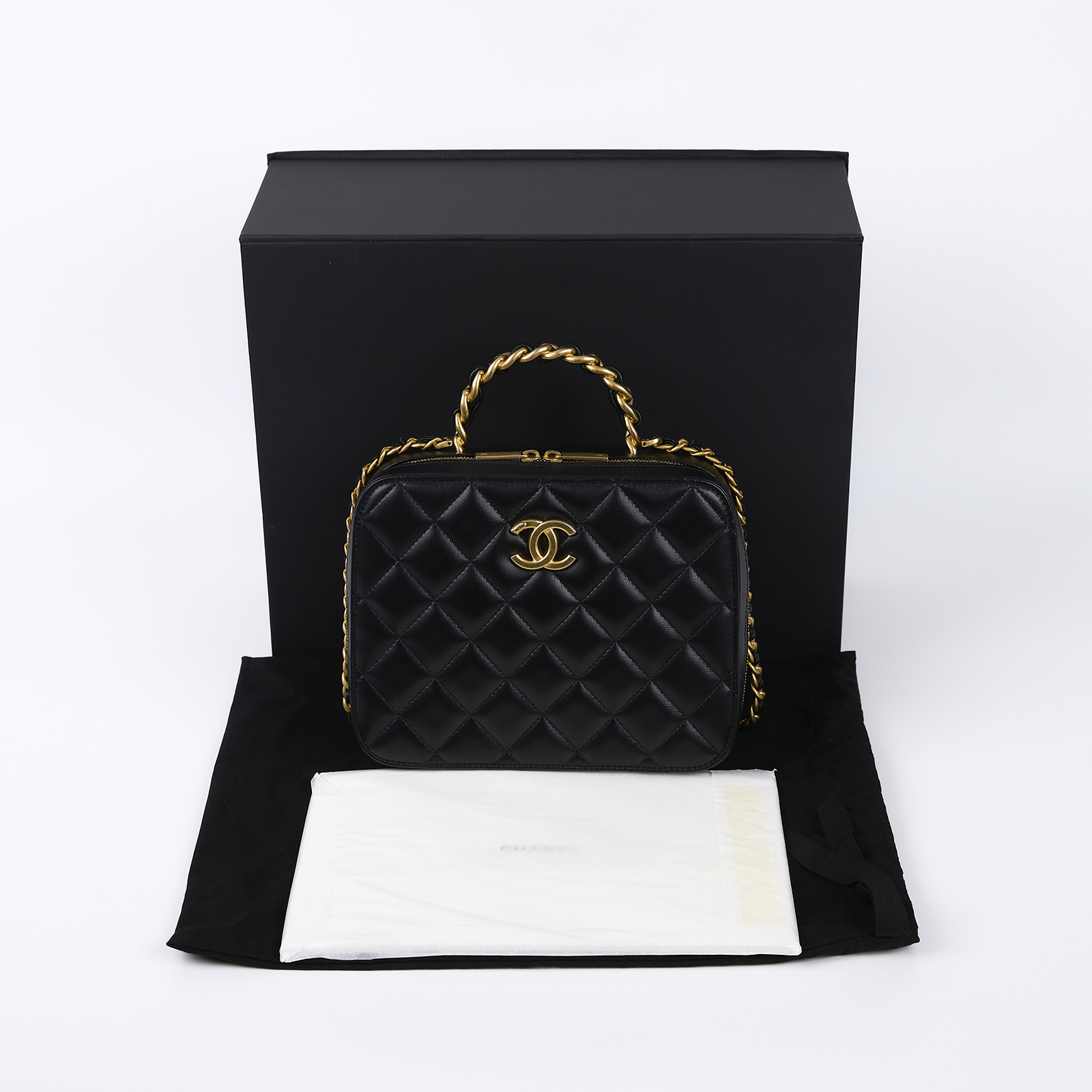 香奈兒 CHANEL Matelasse vanity 皮穿鍊手柄 方盒子 肩背包 斜肩包 AS3319 晶片款 黑羊VANITY 2WAY 原廠盒子/防塵袋