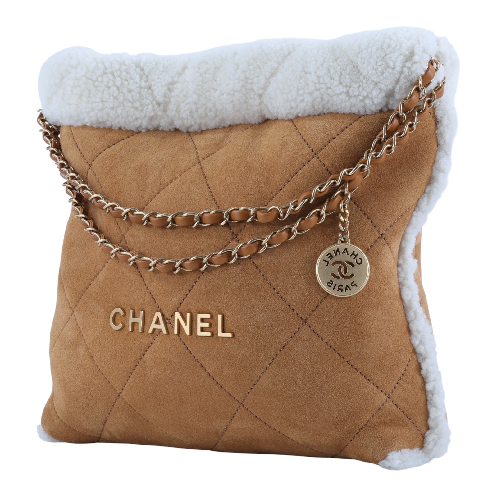 香奈兒 CHANEL 22 小型 束口包 AS3260 B13796 晶片款 咖麂皮泰迪22包  小號 防塵袋