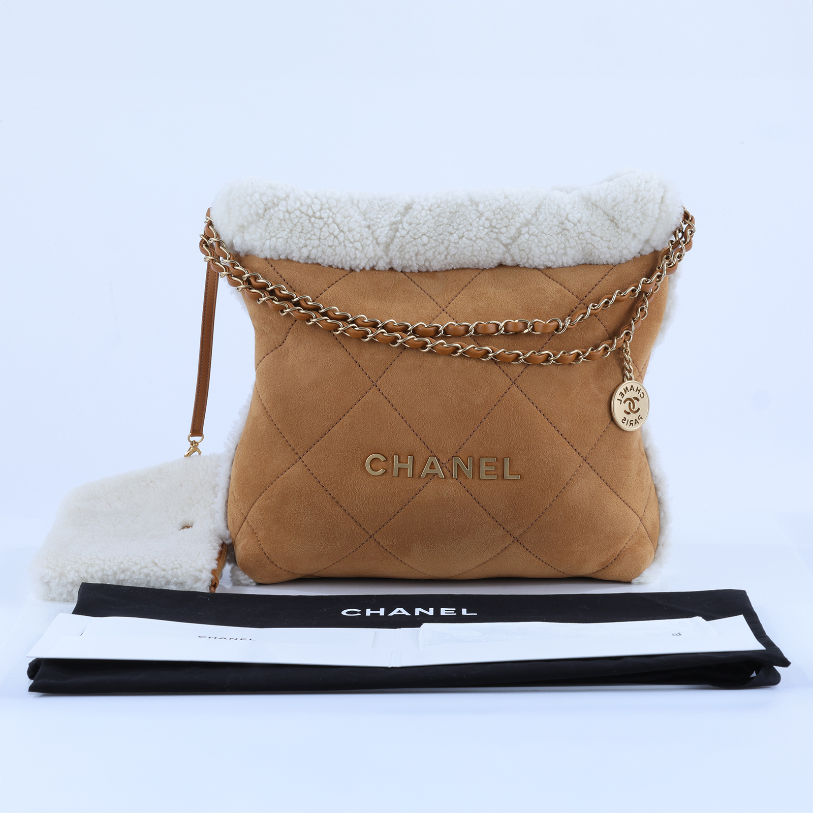 香奈兒 CHANEL 22 小型 束口包 AS3260 B13796 晶片款 咖麂皮泰迪22包  小號 防塵袋