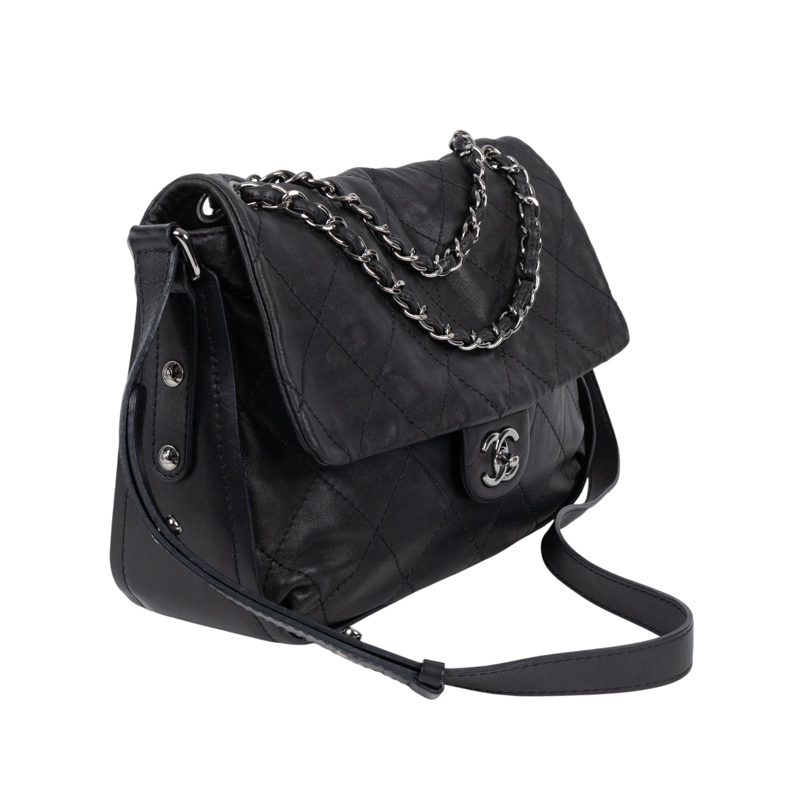 香奈兒 CHANEL 鏈帶 翻蓋包  15開黑銀羊翻蓋鍊包 無附屬品