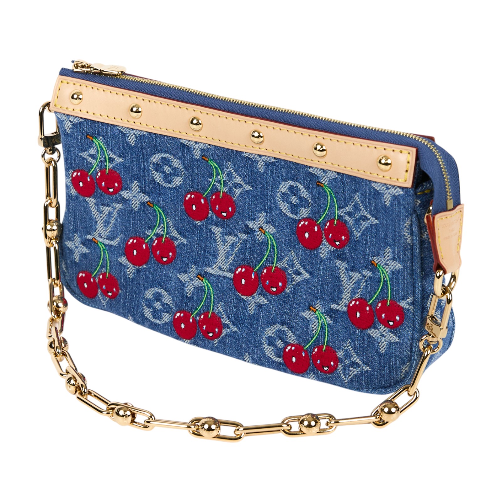 路易威登 LOUIS VUITTON LV x TM Pochette Accessoires 村上隆 櫻桃 牛仔 肩背包 麻將包 M13994 晶片款  防塵袋