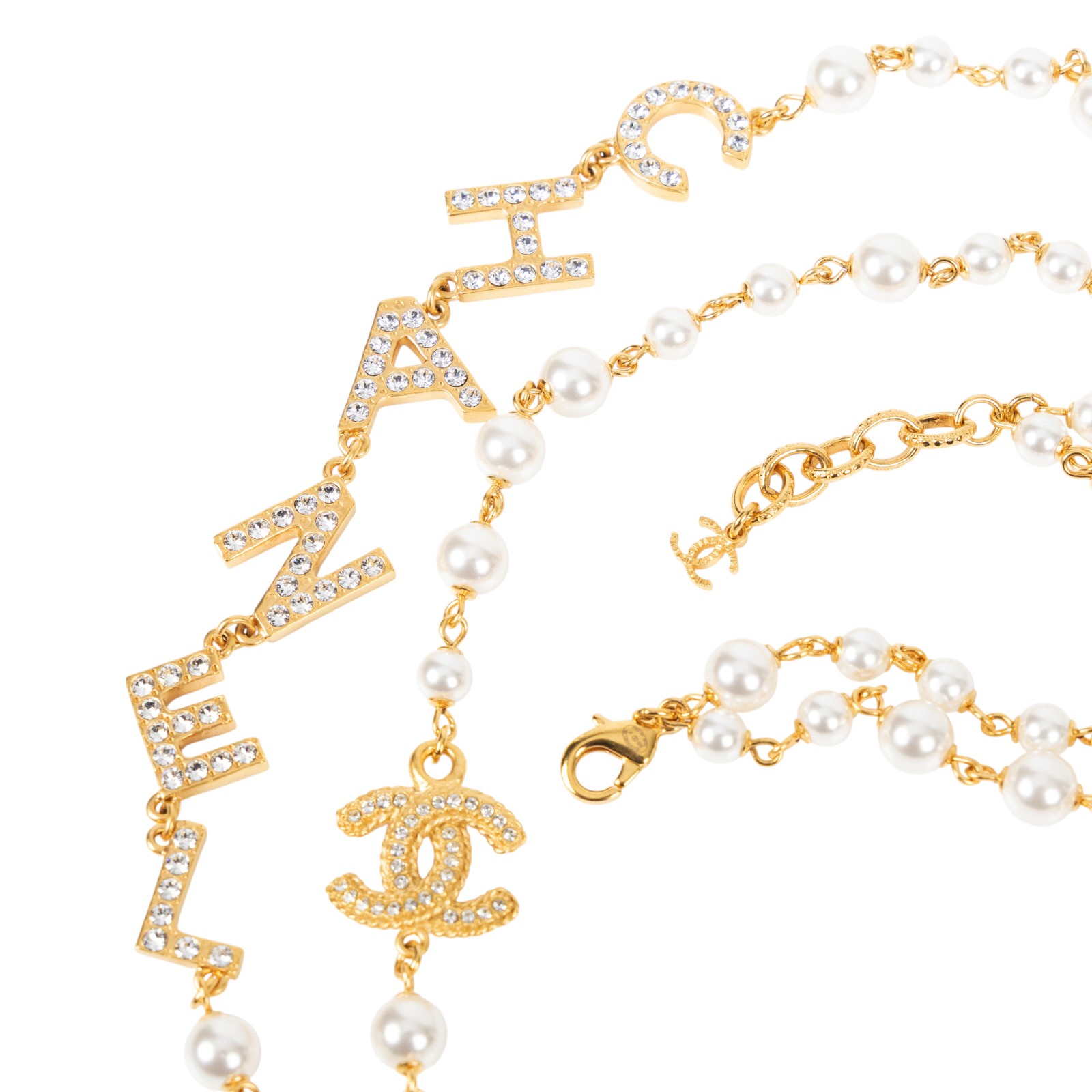 香奈兒 CHANEL CC LOGO 水鑽 項鍊 B20P 金色水鑽LOGO珍珠項鍊 無附屬品