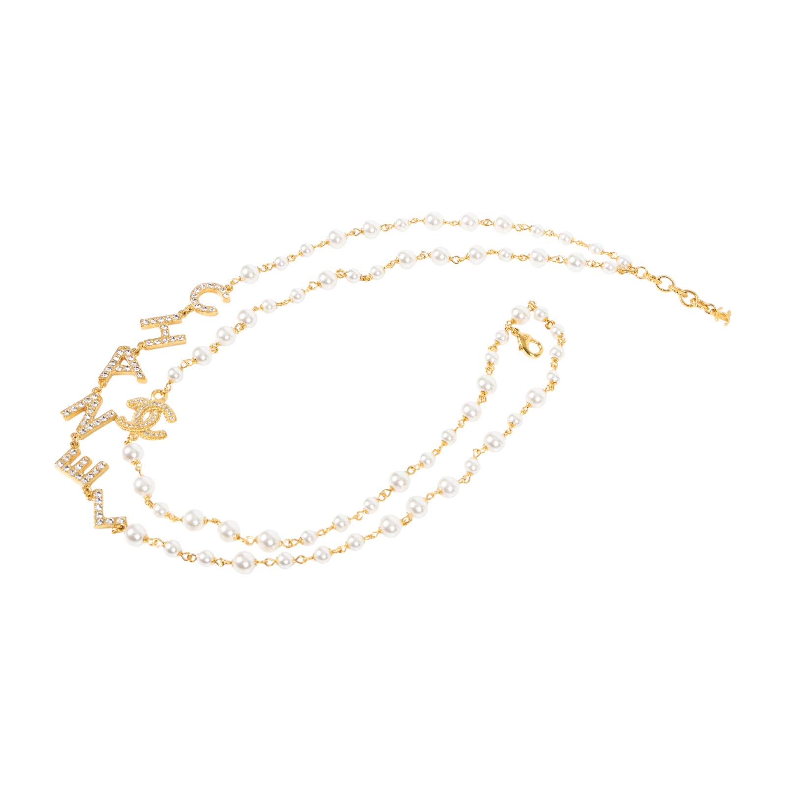 香奈兒 CHANEL CC LOGO 水鑽 項鍊 B20P 金色水鑽LOGO珍珠項鍊 無附屬品