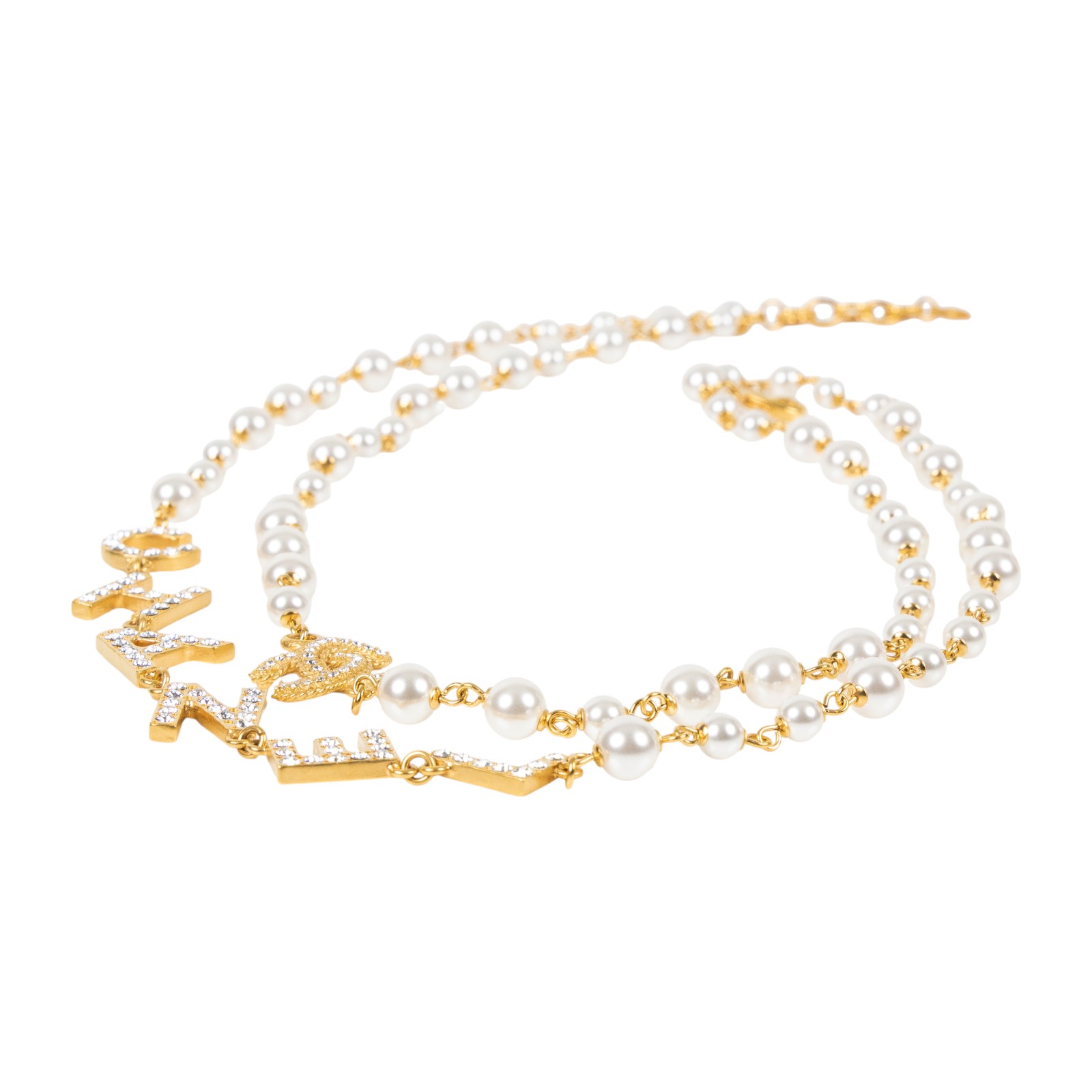 香奈兒 CHANEL CC LOGO 水鑽 項鍊 B20P 金色水鑽LOGO珍珠項鍊 無附屬品