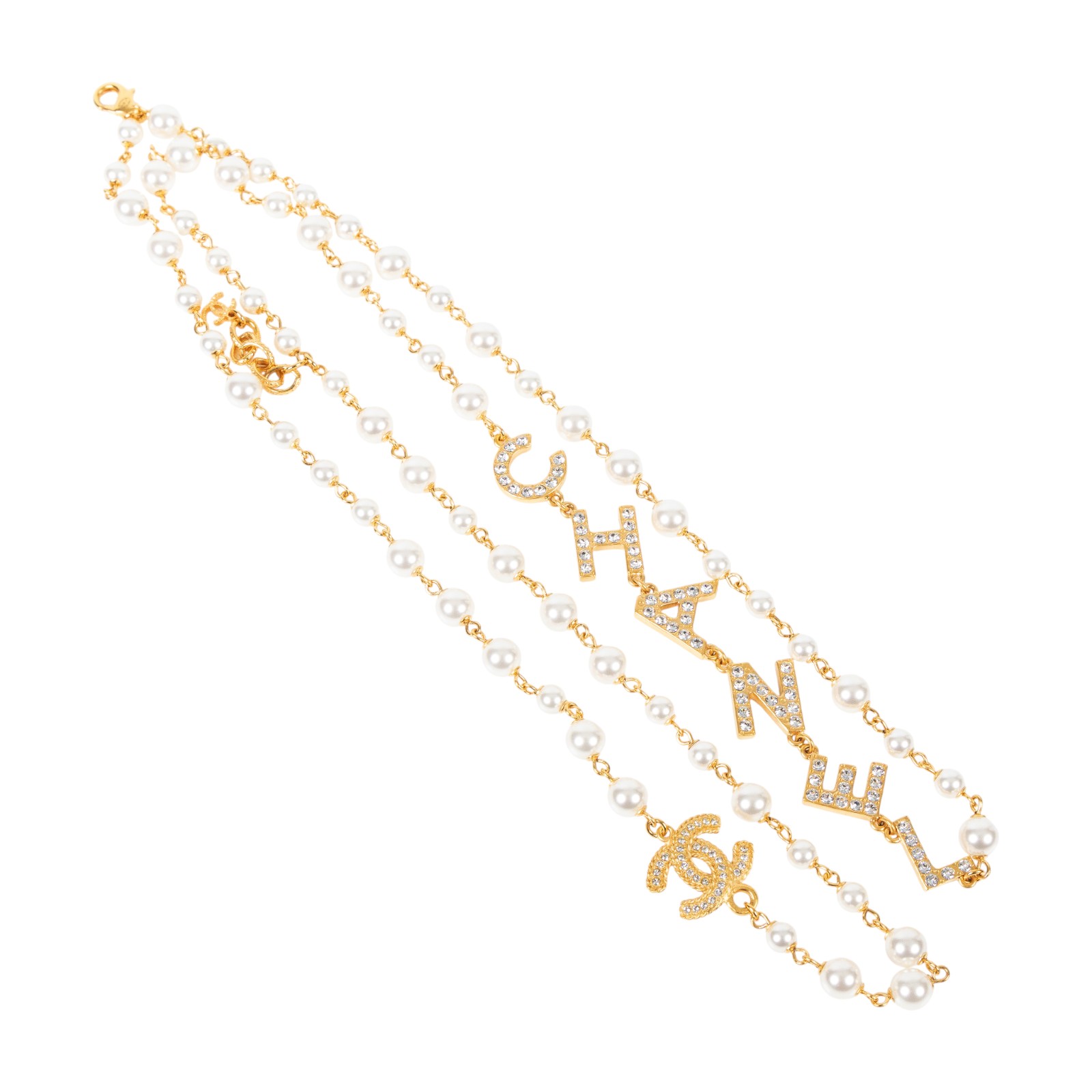 香奈兒 CHANEL CC LOGO 水鑽 項鍊 B20P 金色水鑽LOGO珍珠項鍊 無附屬品