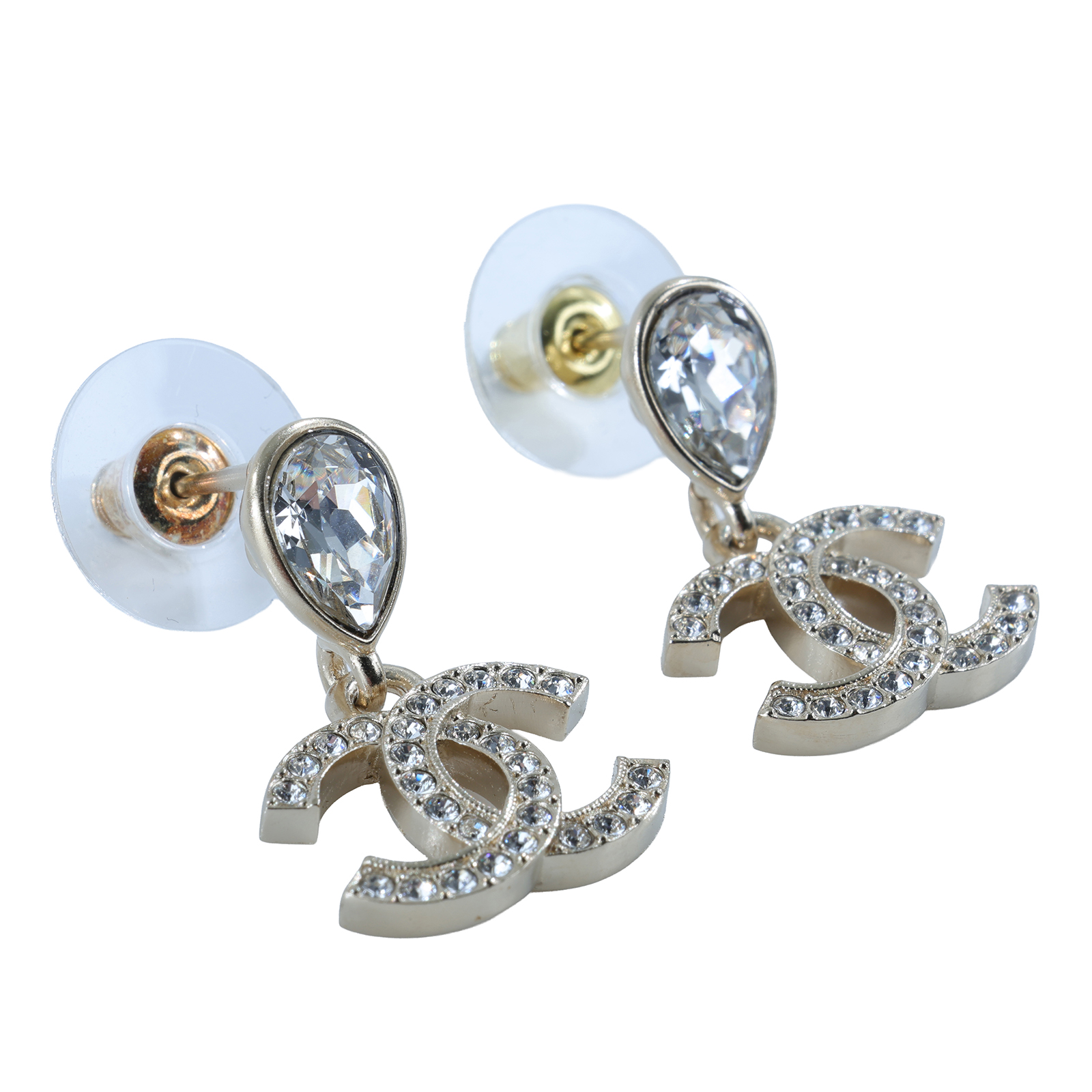 香奈兒 CHANEL CC LOGO 耳環 耳釘 F25 A 雙C水滴水鑽耳環 原廠盒子/內襯