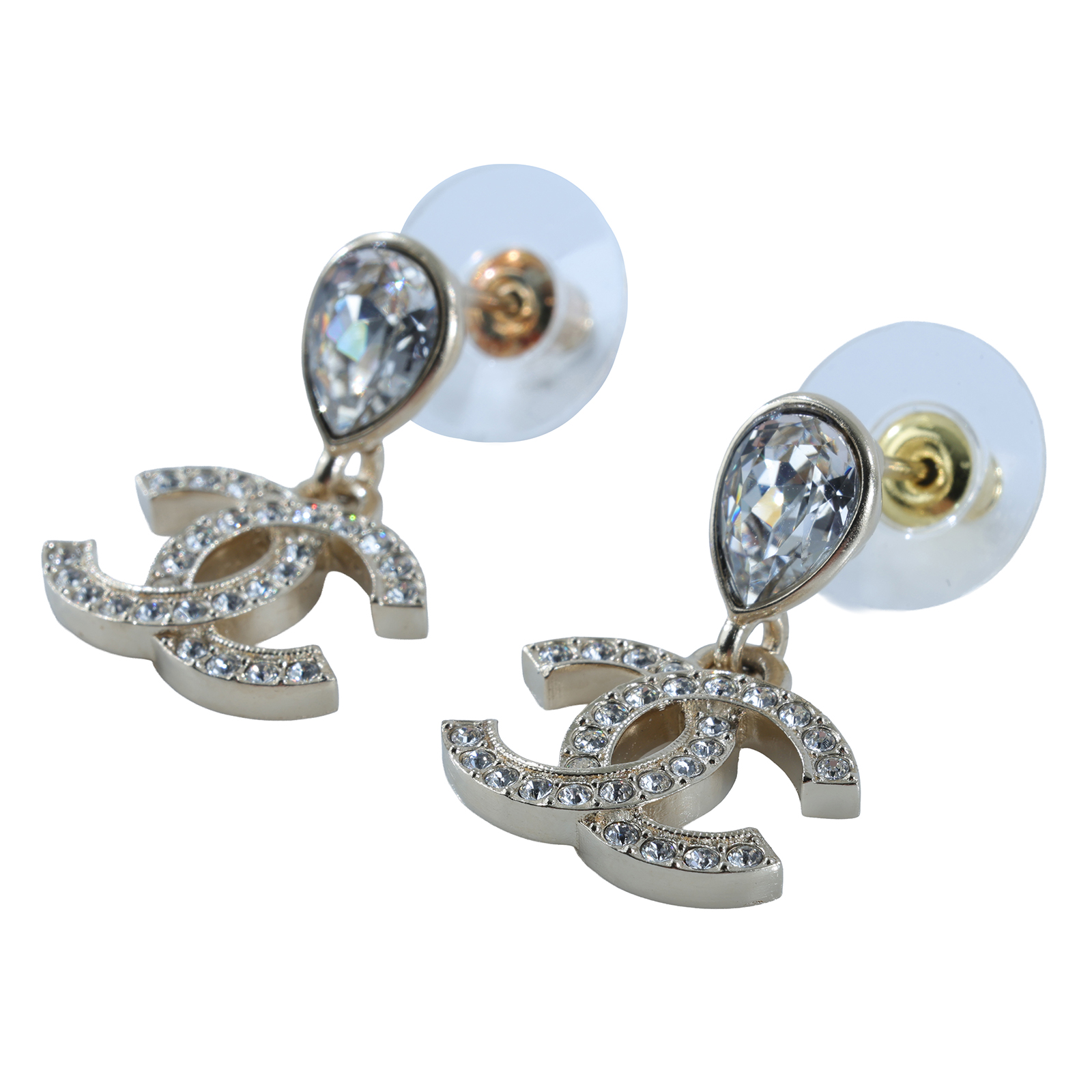 香奈兒 CHANEL CC LOGO 耳環 耳釘 F25 A 雙C水滴水鑽耳環 原廠盒子/內襯