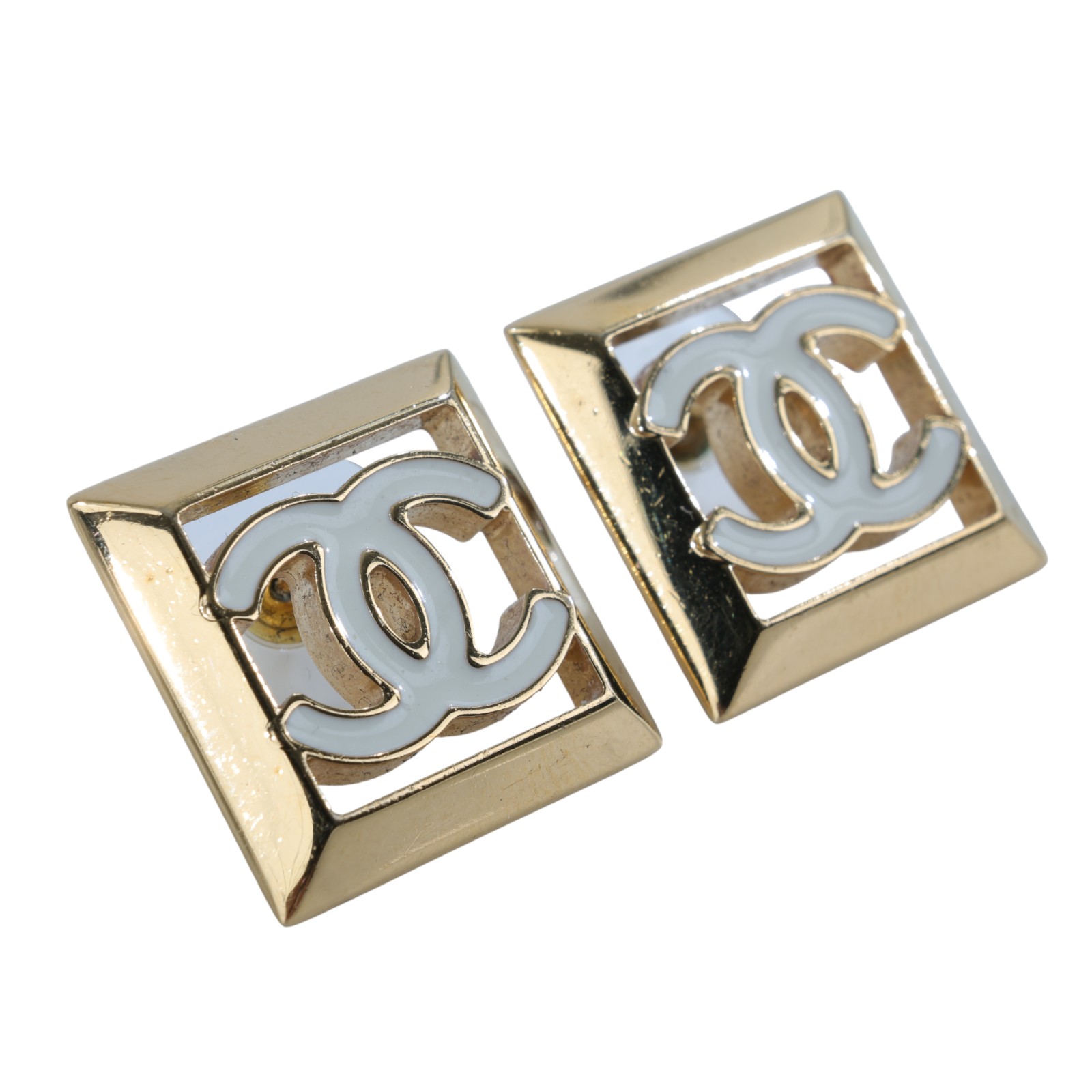 香奈兒 CHANEL CC LOGO 耳環 耳釘 B24 A 白雙方框耳環 原廠盒子/內襯