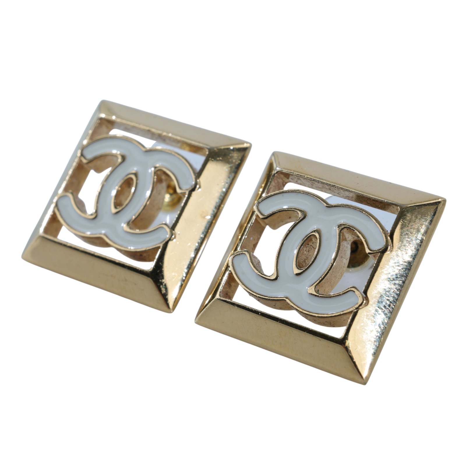 香奈兒 CHANEL CC LOGO 耳環 耳釘 B24 A 白雙方框耳環 原廠盒子/內襯