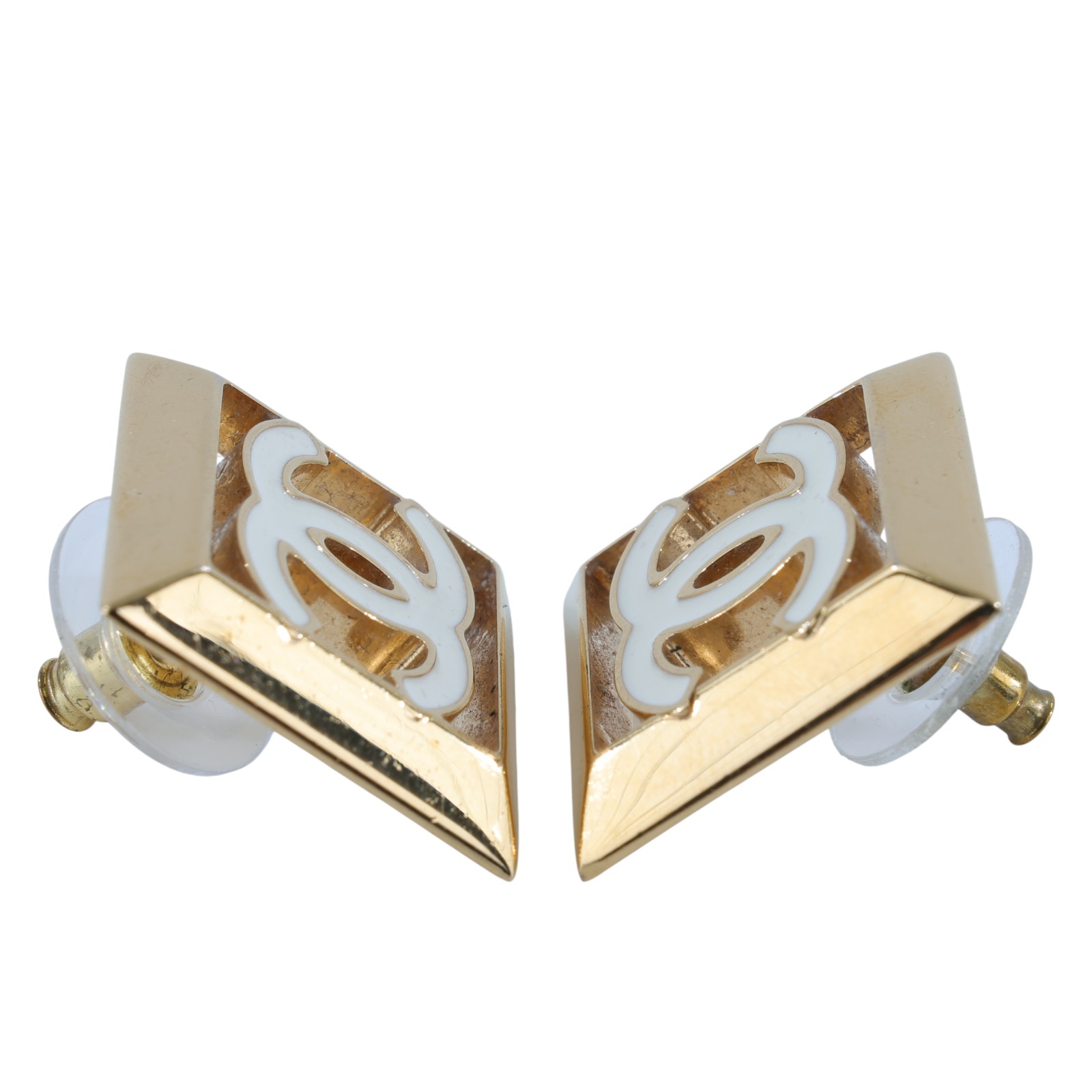 香奈兒 CHANEL CC LOGO 耳環 耳釘 B24 A 白雙方框耳環 原廠盒子/內襯