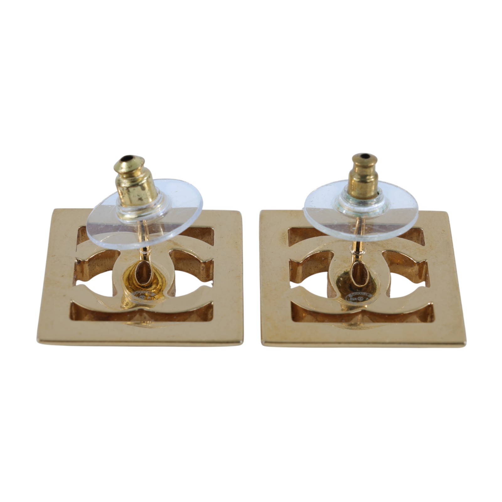 香奈兒 CHANEL CC LOGO 耳環 耳釘 B24 A 白雙方框耳環 原廠盒子/內襯