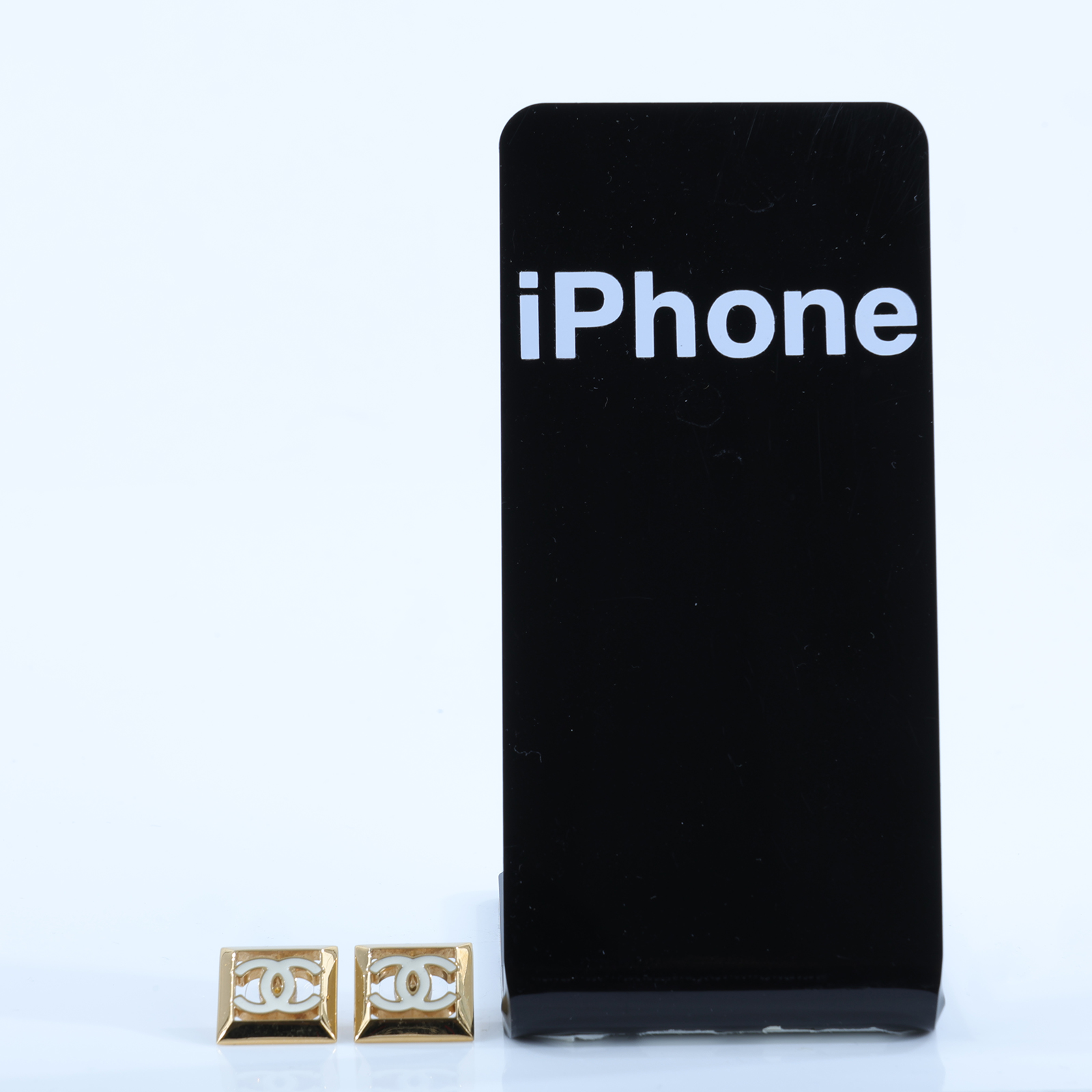 香奈兒 CHANEL CC LOGO 耳環 耳釘 B24 A 白雙方框耳環 原廠盒子/內襯