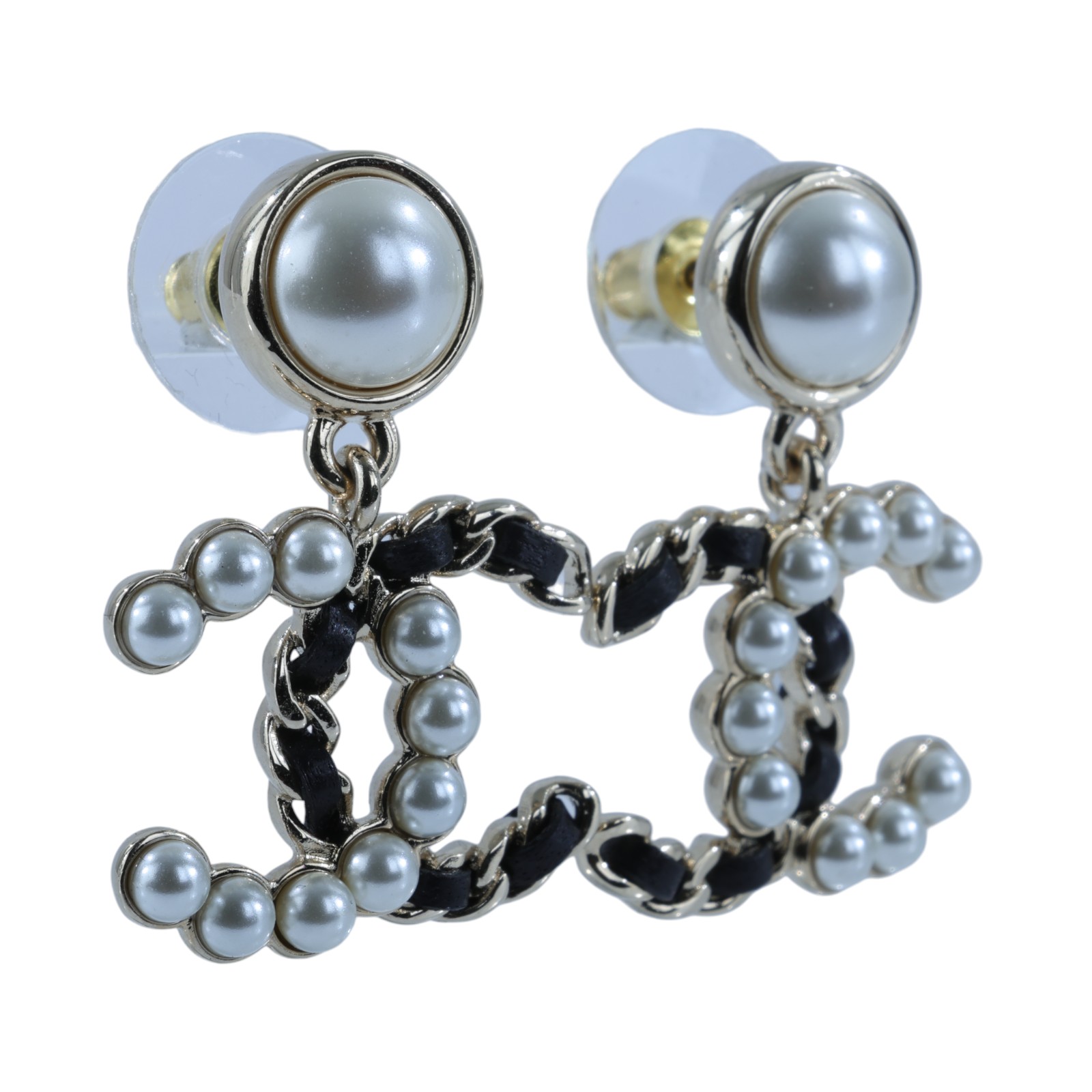 香奈兒 CHANEL CC LOGO 耳環 耳釘 1176796157291B25 K 珍珠皮穿鍊耳環 原廠盒子/內襯