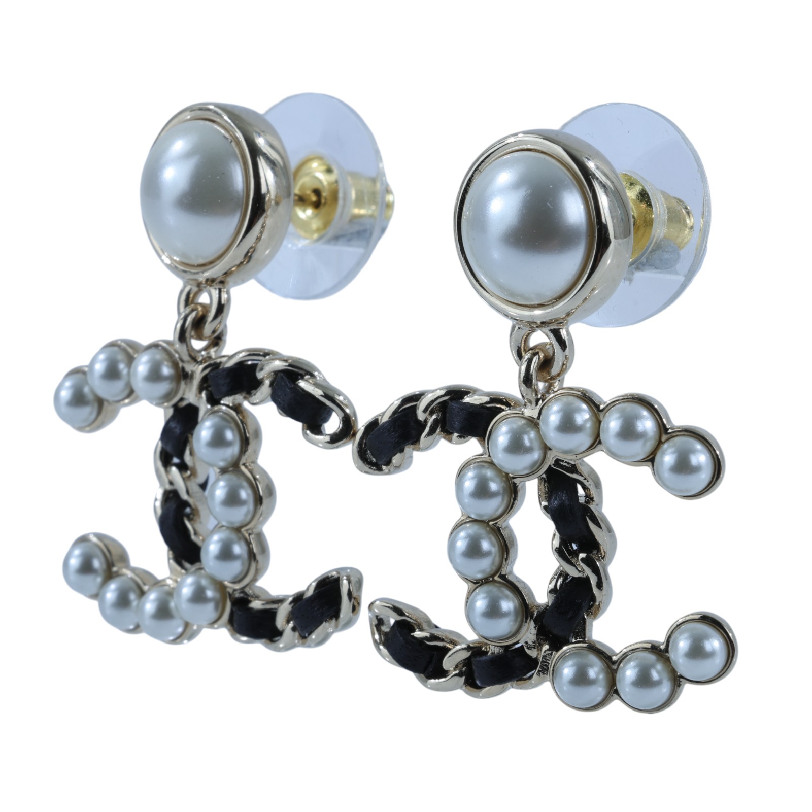 香奈兒 CHANEL CC LOGO 耳環 耳釘 1176796157291B25 K 珍珠皮穿鍊耳環 原廠盒子/內襯