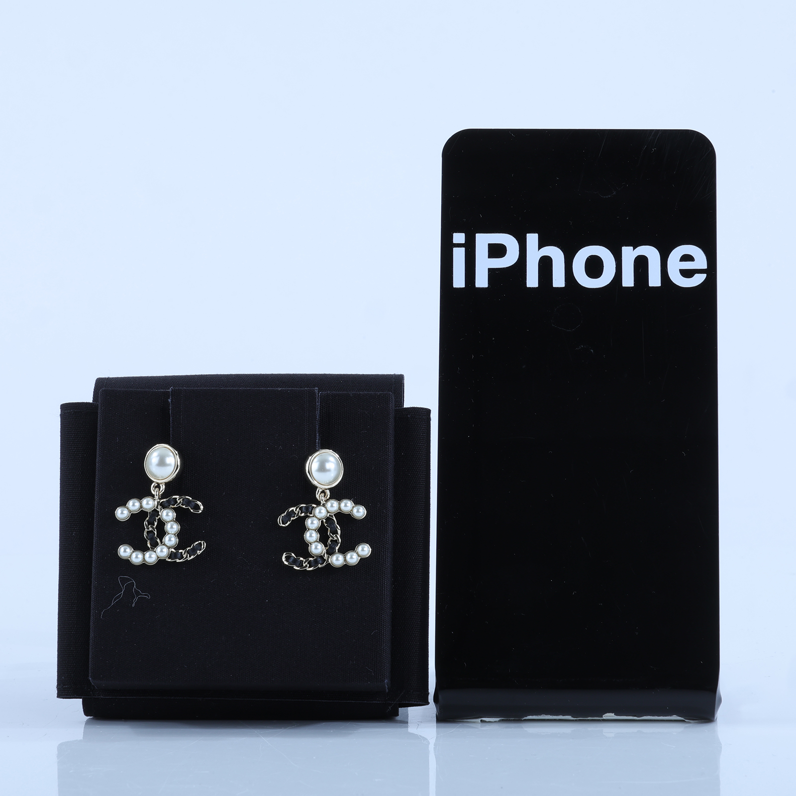 香奈兒 CHANEL CC LOGO 耳環 耳釘 1176796157291B25 K 珍珠皮穿鍊耳環 原廠盒子/內襯