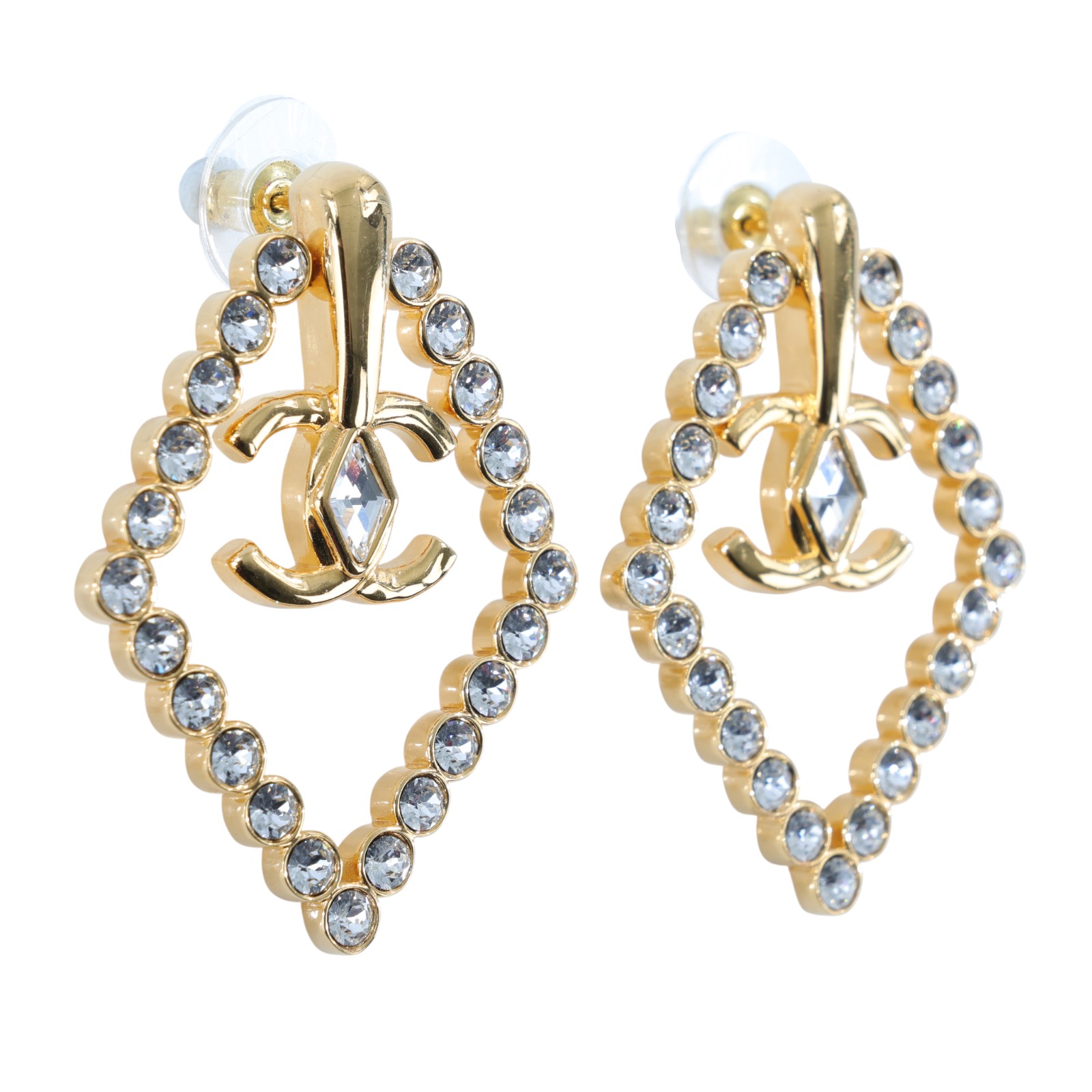 香奈兒 CHANEL CC LOGO 耳環 耳釘 AB9927 B09972L23 C 金色水鑽菱形耳環 原廠盒子/內襯