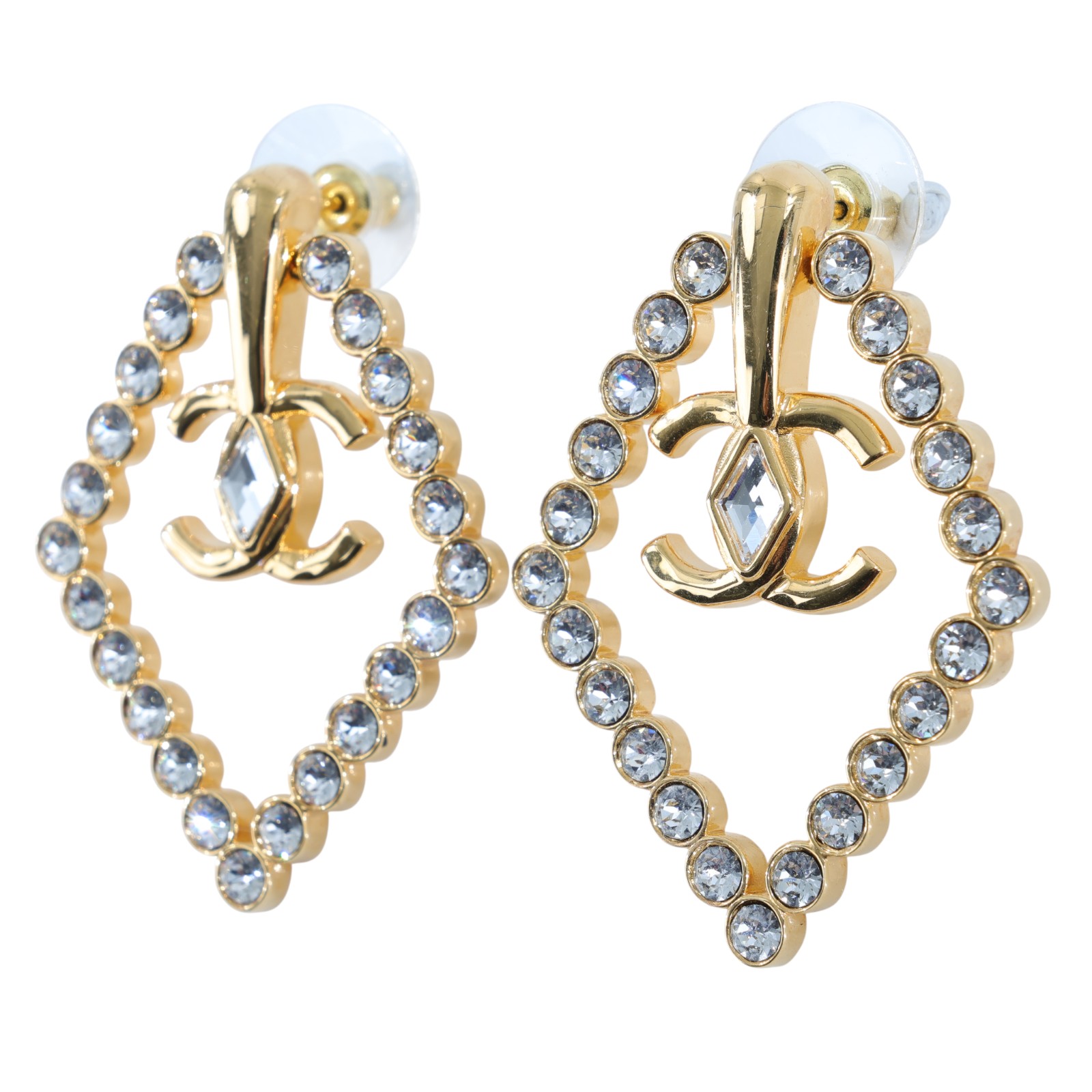 香奈兒 CHANEL CC LOGO 耳環 耳釘 AB9927 B09972L23 C 金色水鑽菱形耳環 原廠盒子/內襯