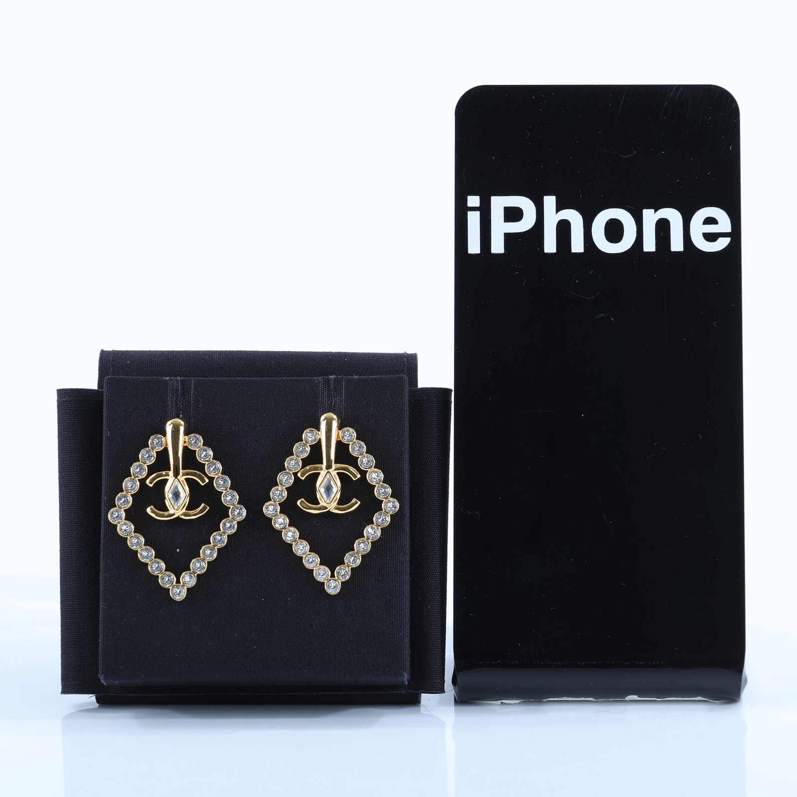 香奈兒 CHANEL CC LOGO 耳環 耳釘 AB9927 B09972L23 C 金色水鑽菱形耳環 原廠盒子/內襯
