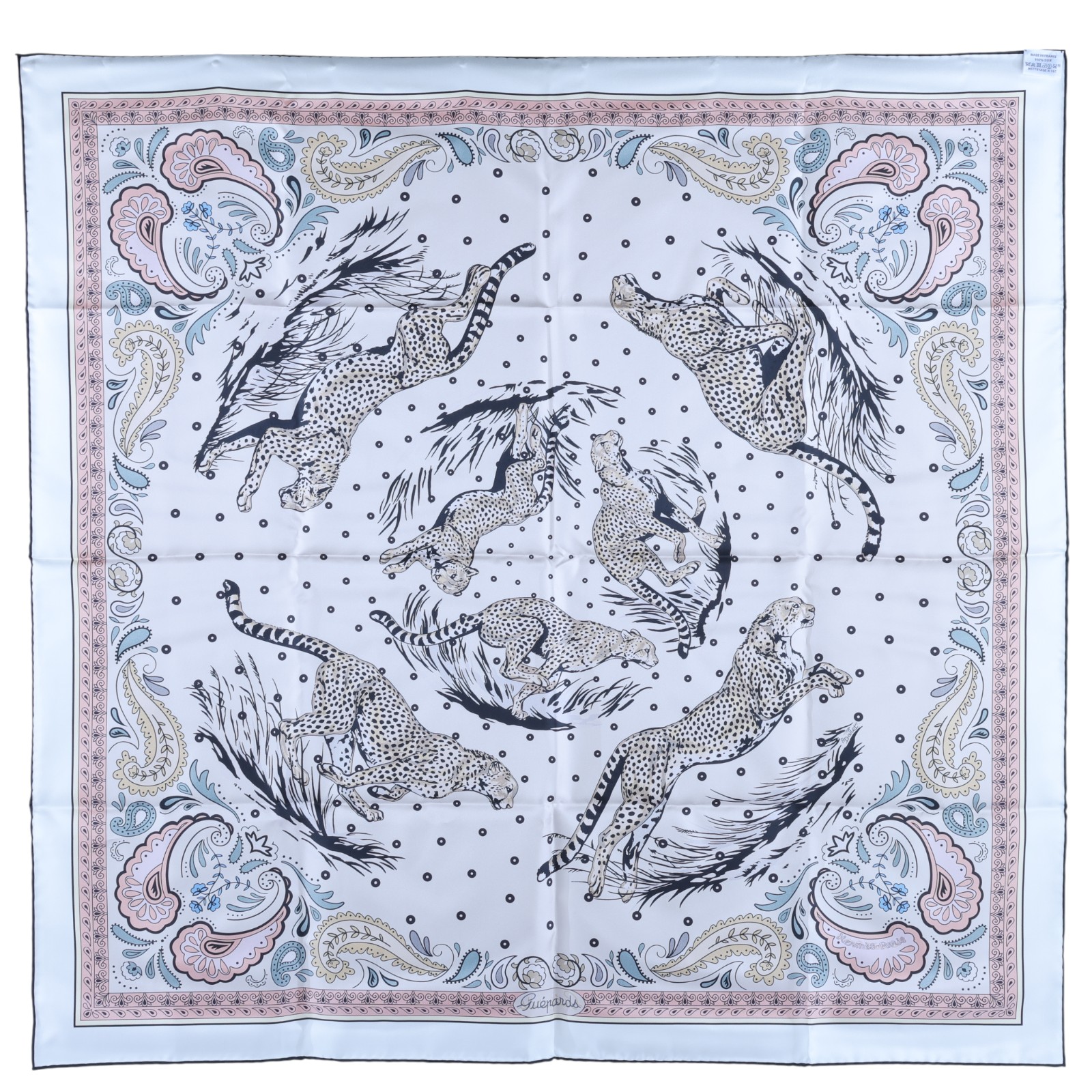 愛馬仕 Hermes Guepards Bandana 90 雙面 方巾 奶油色 橘色 棕色 H904166Sv01  豹紋絲巾 原廠盒子