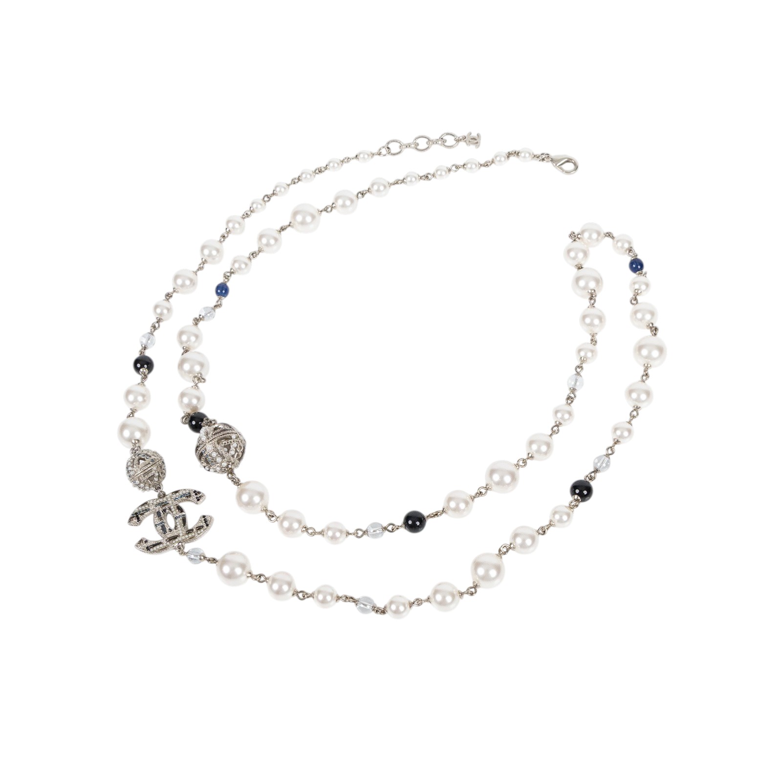 香奈兒 CHANEL CC LOGO 項鍊 AB2465/A19/B 珍珠藍毛呢造型長項鍊 原廠盒子/防塵袋/購買證明