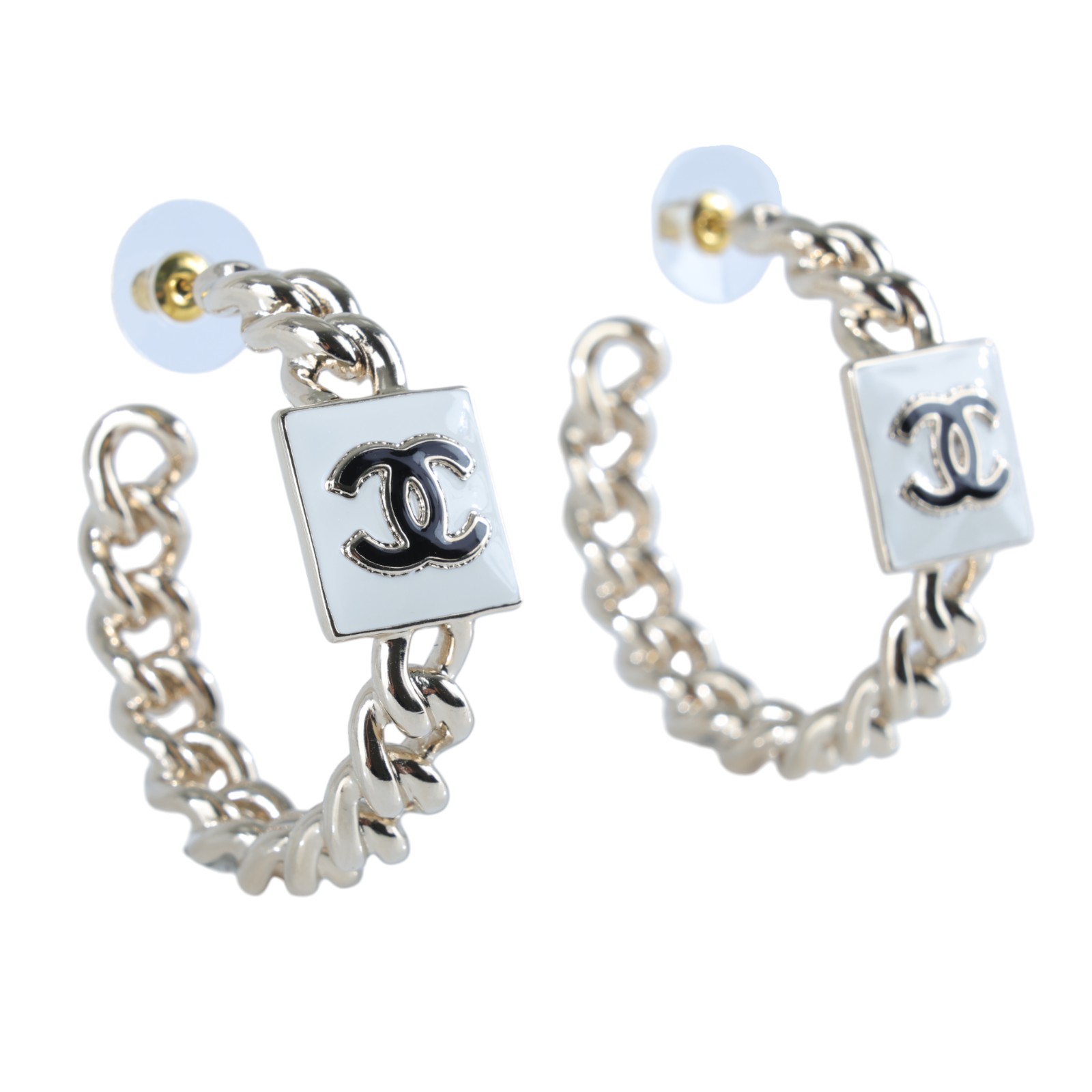 香奈兒 CHANEL CC LOGO 耳環 耳釘 B22 A 白方塊鍊圈耳環 無附屬品