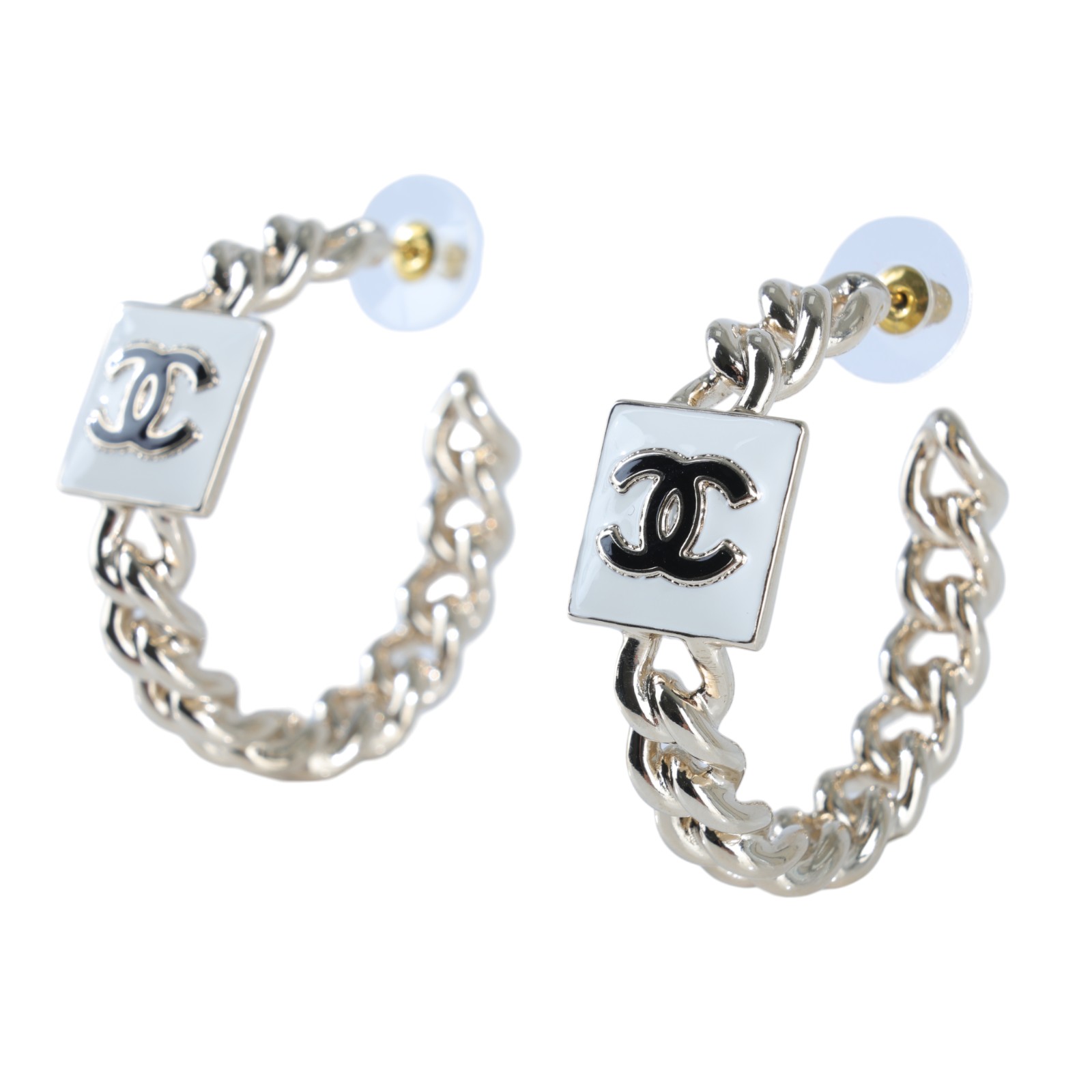 香奈兒 CHANEL CC LOGO 耳環 耳釘 B22 A 白方塊鍊圈耳環 無附屬品