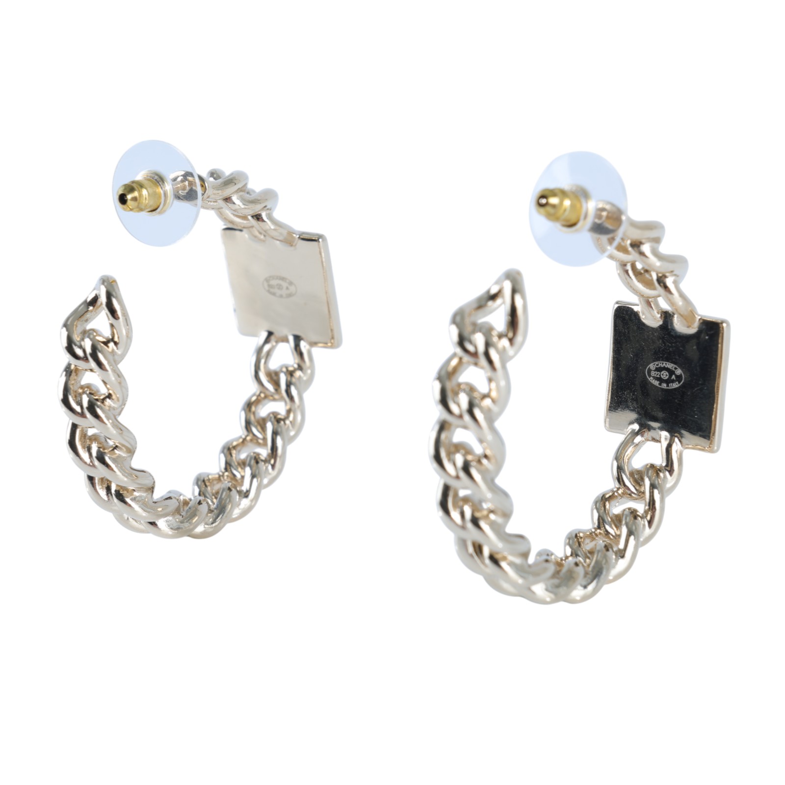 香奈兒 CHANEL CC LOGO 耳環 耳釘 B22 A 白方塊鍊圈耳環 無附屬品