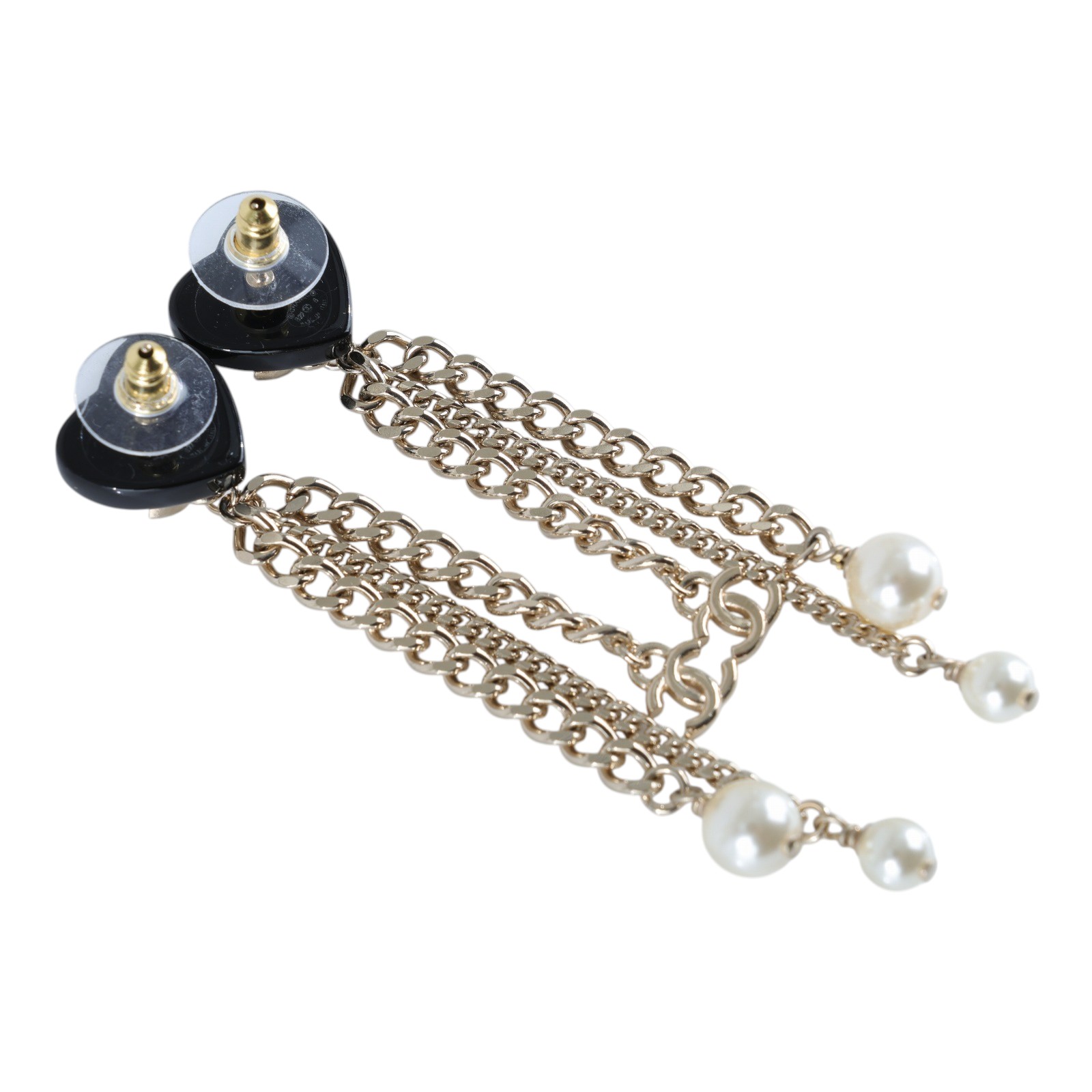 香奈兒 CHANEL CC LOGO 耳環 耳釘 B22 B 黑愛心垂鍊珍珠耳環 無附屬品