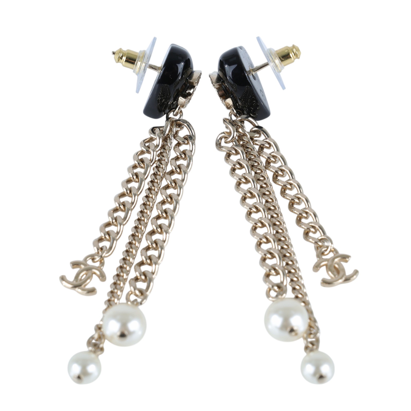 香奈兒 CHANEL CC LOGO 耳環 耳釘 B22 B 黑愛心垂鍊珍珠耳環 無附屬品