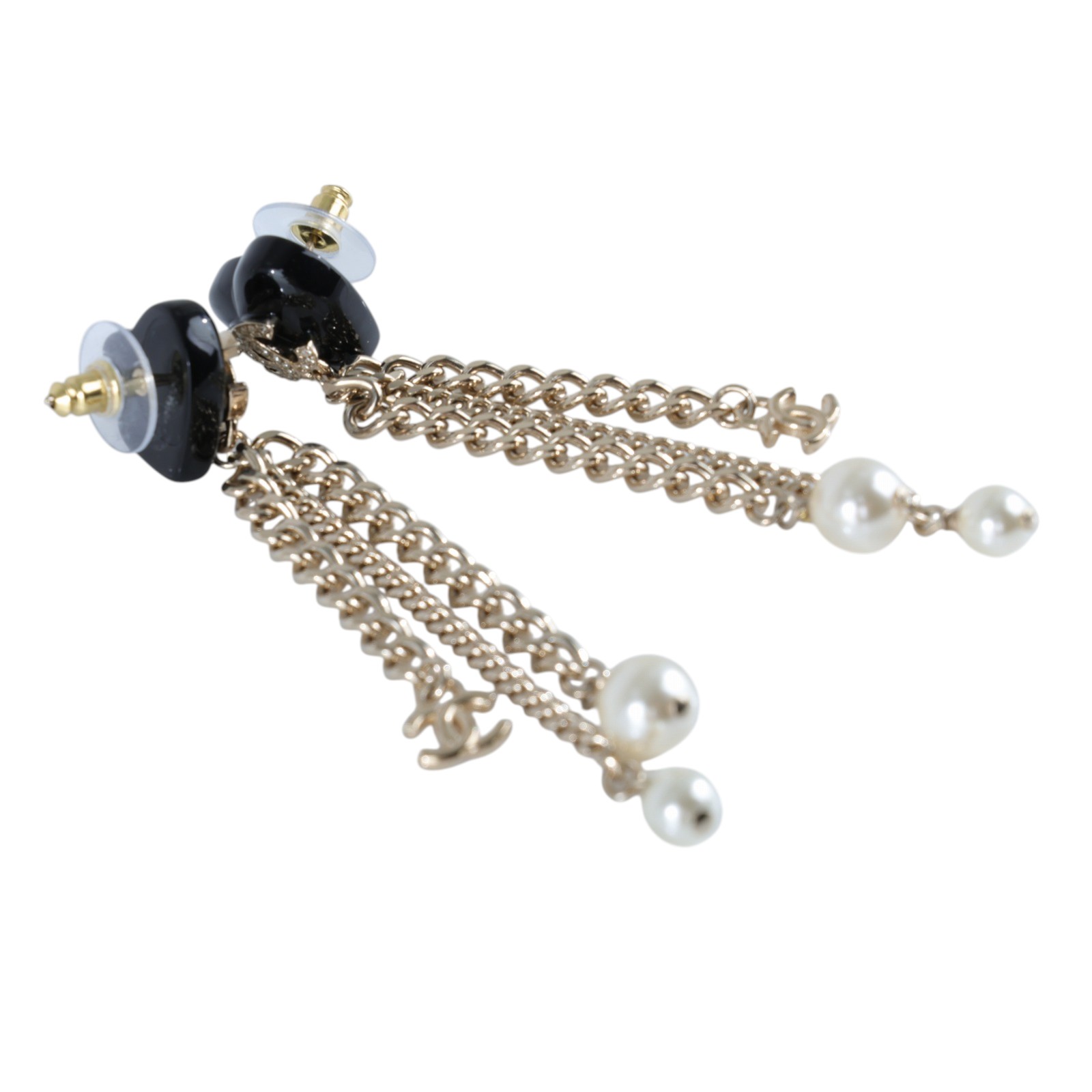 香奈兒 CHANEL CC LOGO 耳環 耳釘 B22 B 黑愛心垂鍊珍珠耳環 無附屬品