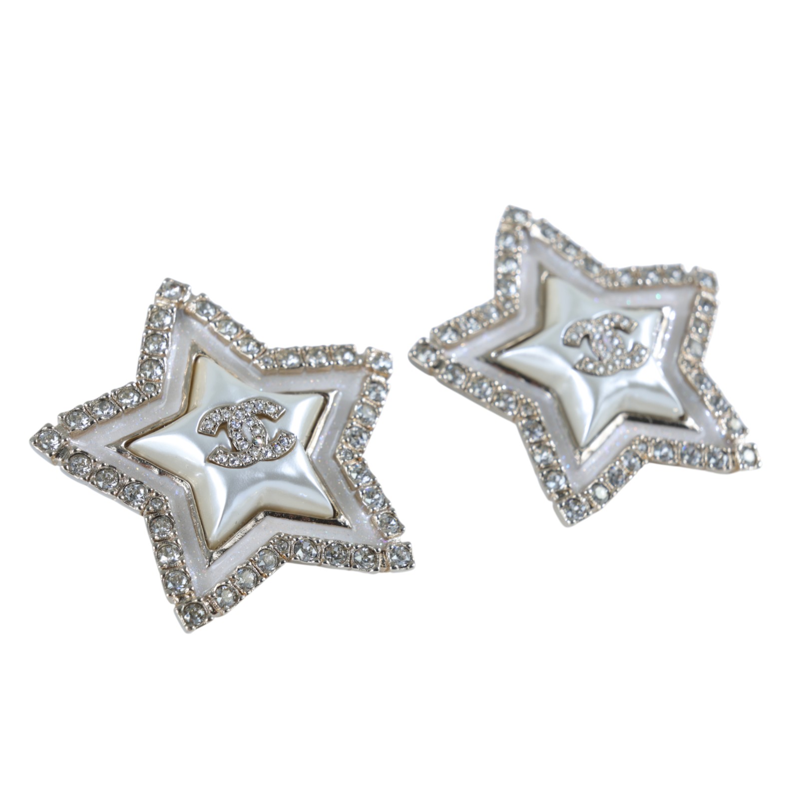香奈兒 CHANEL CC LOGO 耳環 耳釘 C24 A 白色大星星水鑽耳環 無附屬品