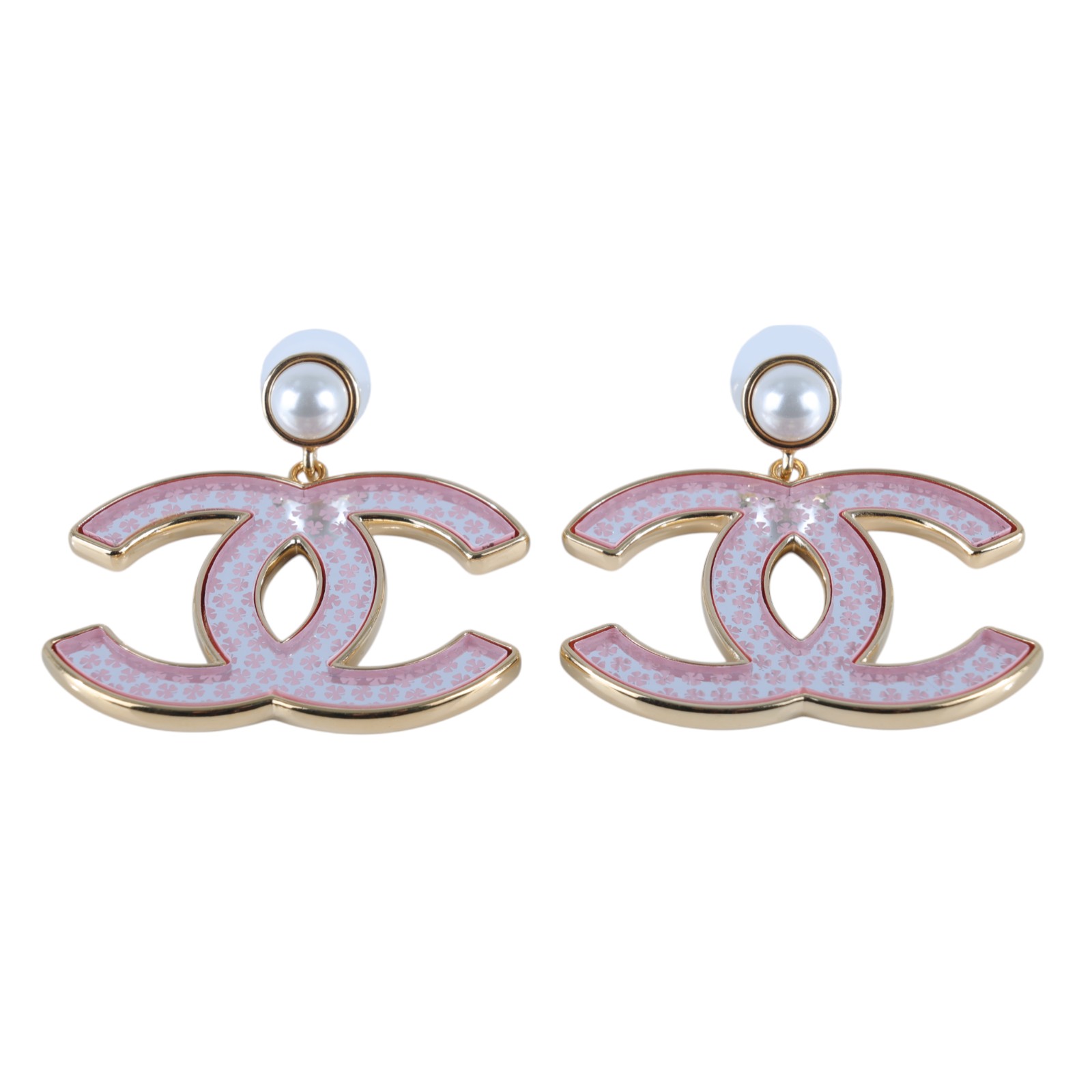 香奈兒 CHANEL CC LOGO 耳環 耳釘 A24 S 粉色小幸運草大雙C珍珠耳環 無附屬品