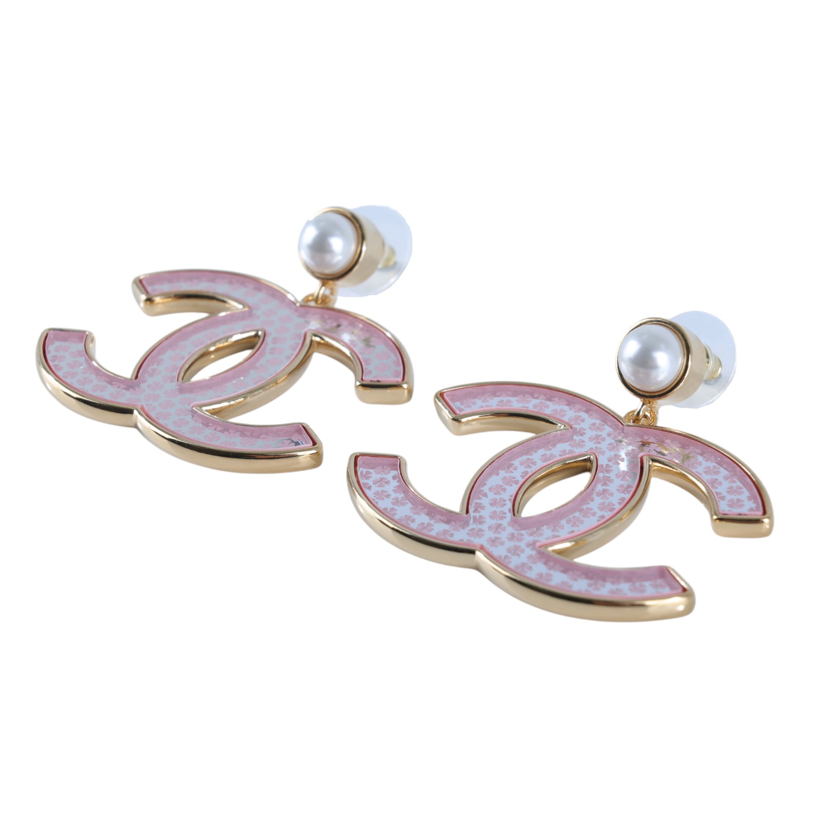 香奈兒 CHANEL CC LOGO 耳環 耳釘 A24 S 粉色小幸運草大雙C珍珠耳環 無附屬品