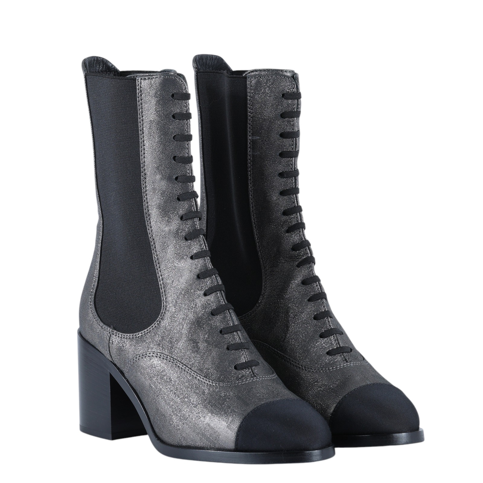 香奈兒 CHANEL interlocking cc logo 戰鬥靴 短靴 31770723719011 銀黑綁帶中筒靴 防塵袋