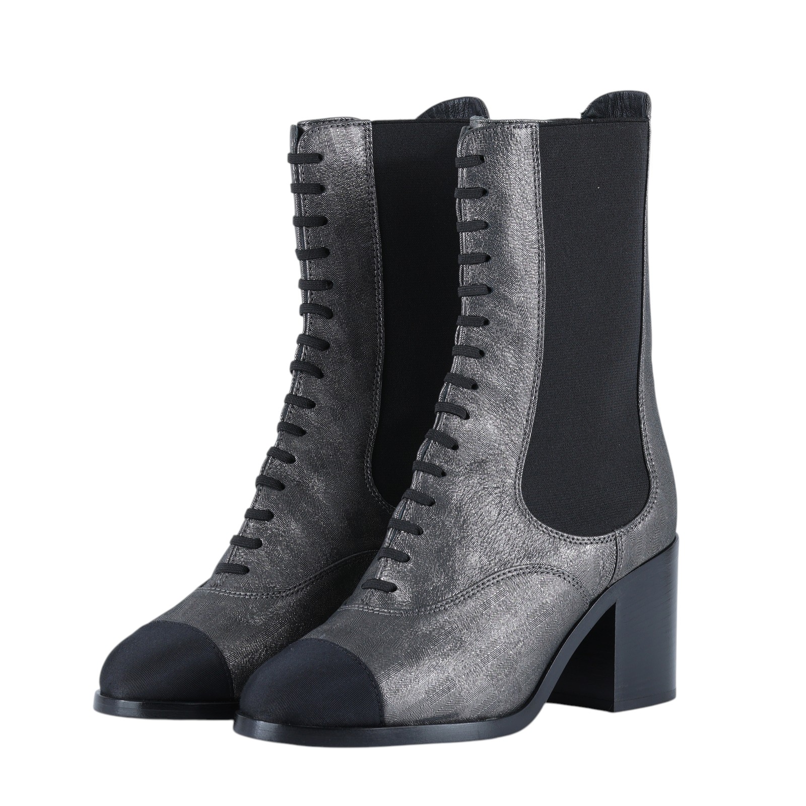 香奈兒 CHANEL interlocking cc logo 戰鬥靴 短靴 31770723719011 銀黑綁帶中筒靴 防塵袋