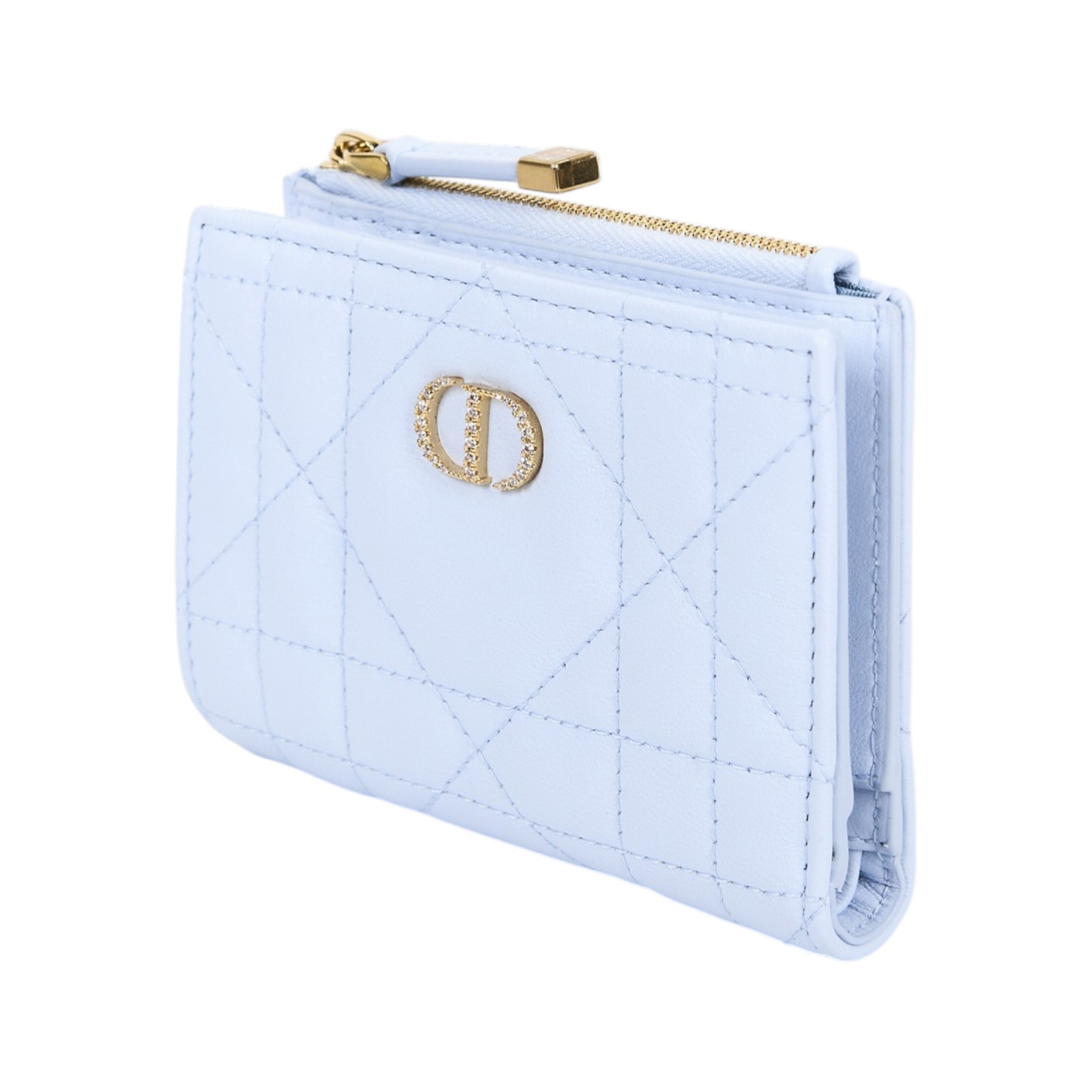 迪奧 CHRISTIAN DIOR Caro Dahlia 短夾 錢包 日本限定 S4208UHNN 淺藍CARO LOGO鑲水鑽短夾 原廠盒子/防塵袋