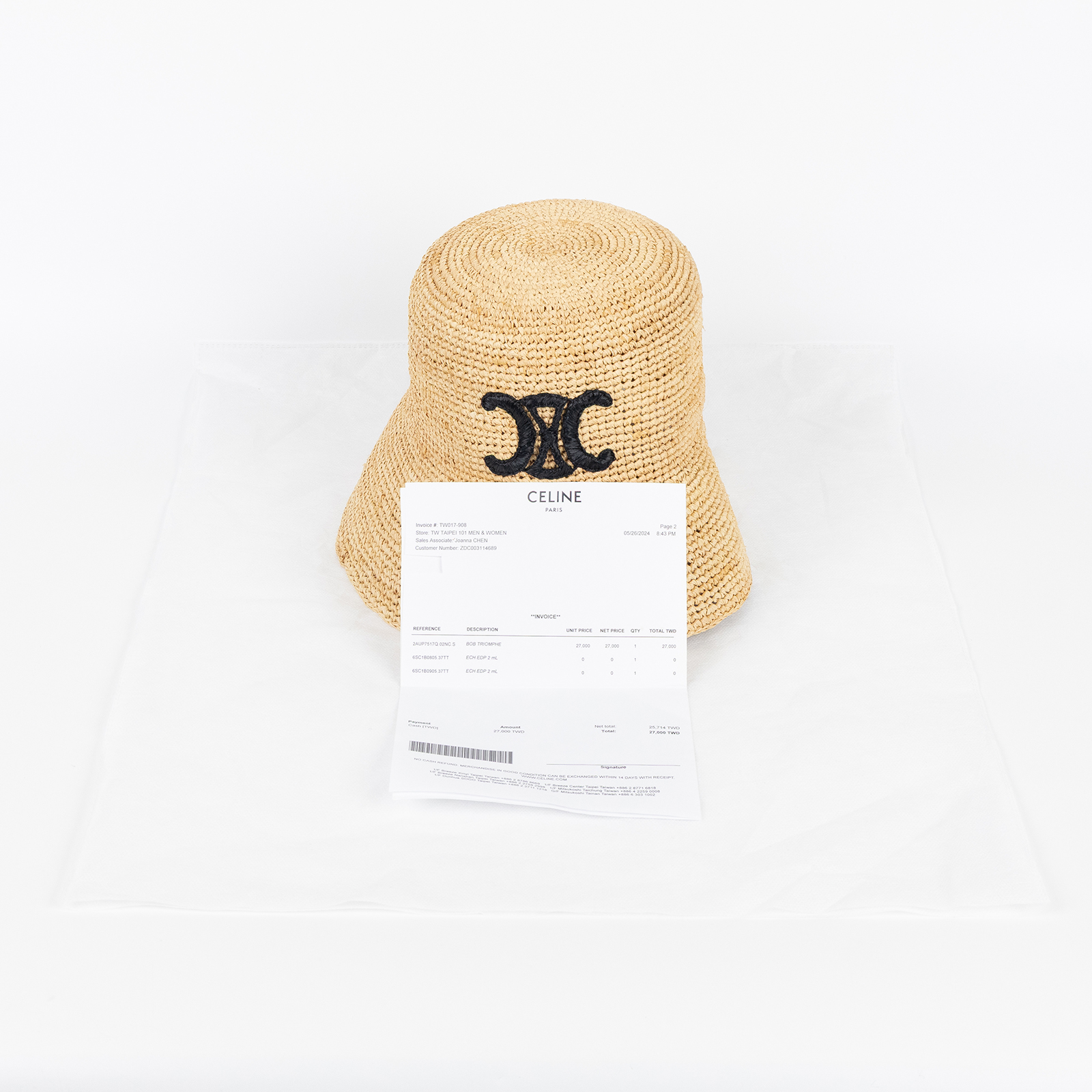 思琳 CELINE Triomphe 拉菲草漁夫帽 2AUP7517Q_S 草編凱旋門漁夫帽#S 購買證明