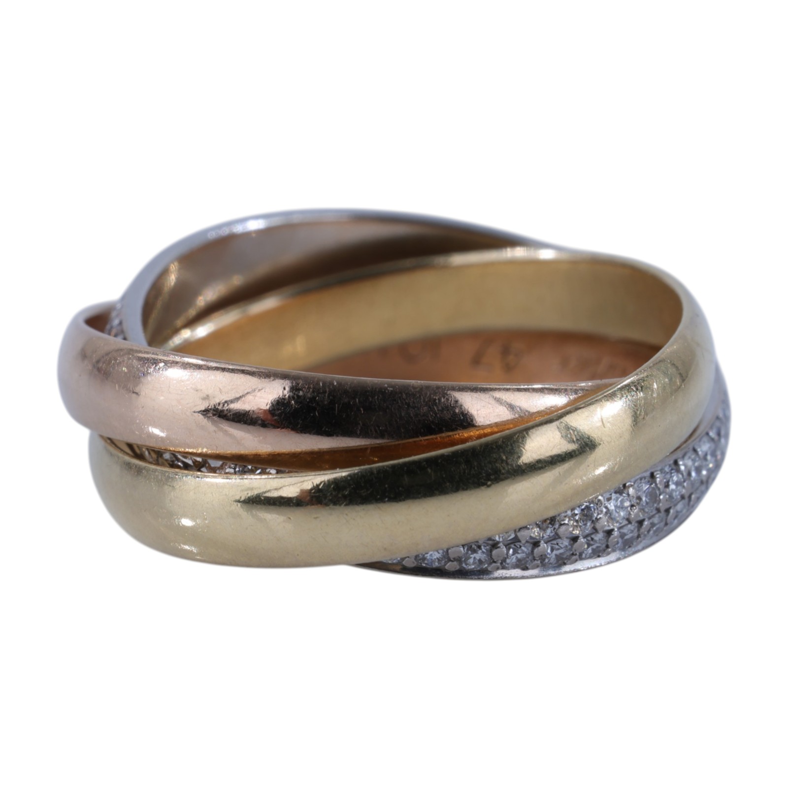 卡地亞 CARTIER Trinity 戒指 小型款 半鋪鑲鑽石 B4235947 TRINITY三環鑽圈戒指 #47 原廠盒子/保證卡